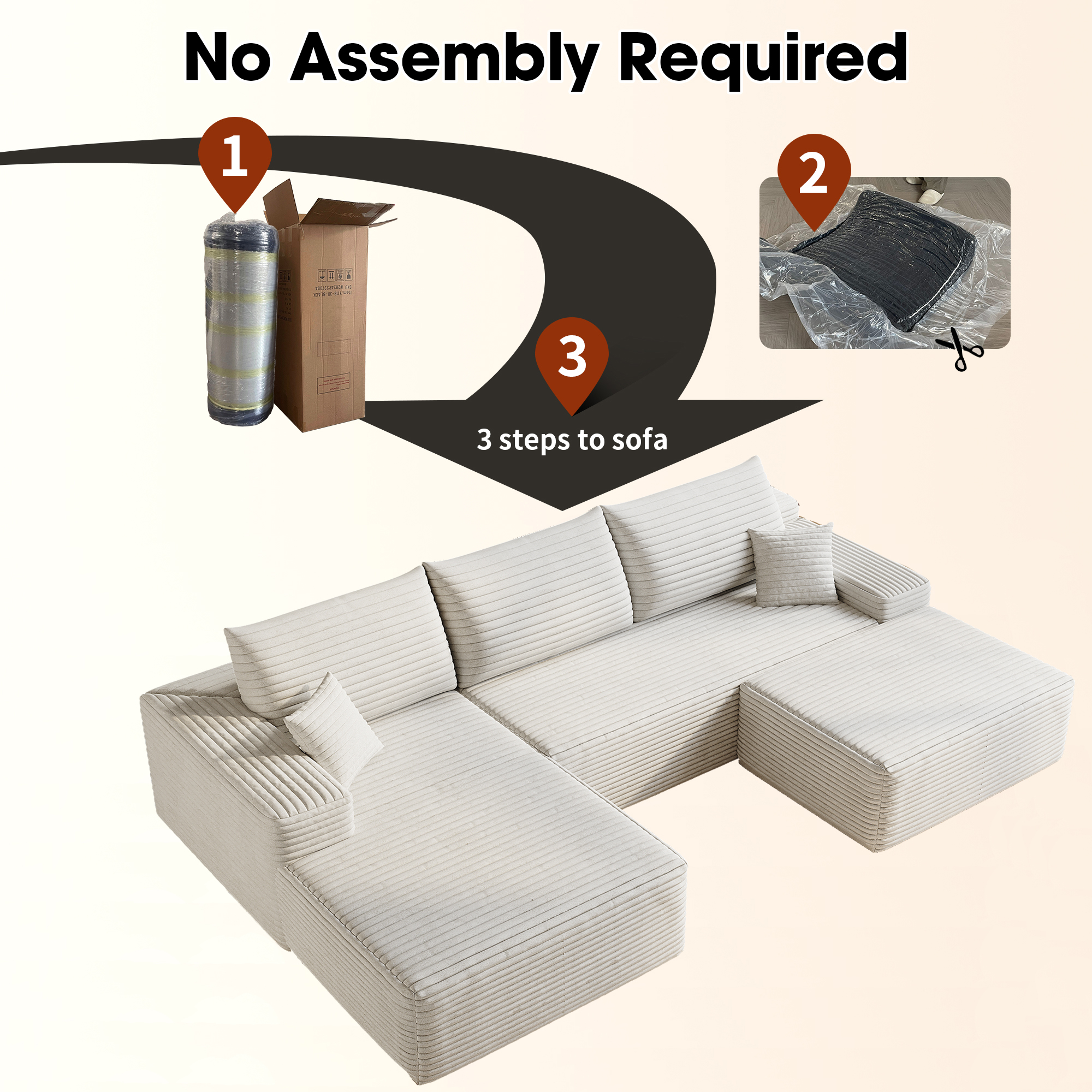 107"Cloud Sectional Sofa with 1 Ottoman,Modern Minimalist Upholstered Couches,Comfort U Shaped Sofa for Living Room,Deep Seat Corner Couch,No Assembly Required (Plush Corduroy Fabric),White - Image 4