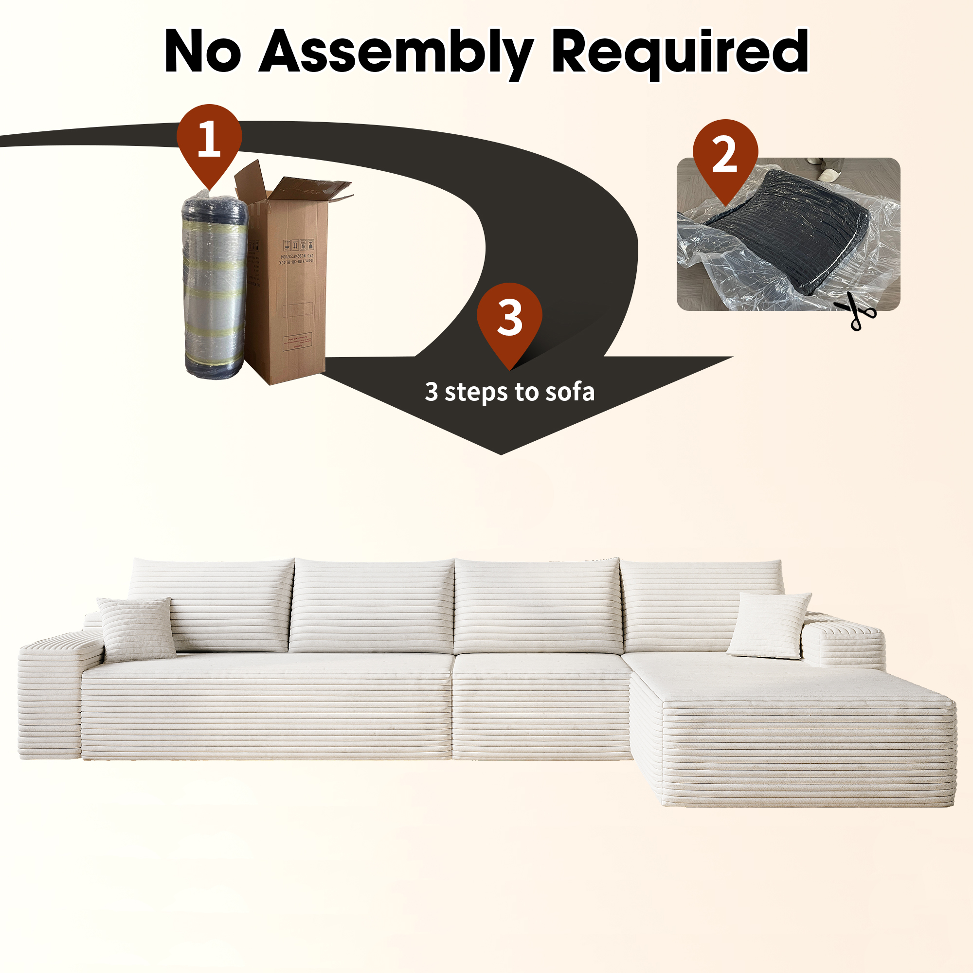 135" Cloud Sectional Couch with L-Shape Chaise,Modern Modular Sofa with Deep Seat, Upholstered Couches for Living Room Bedroom,No Assembly Required, (Plush Corduroy Fabric),White - Image 4