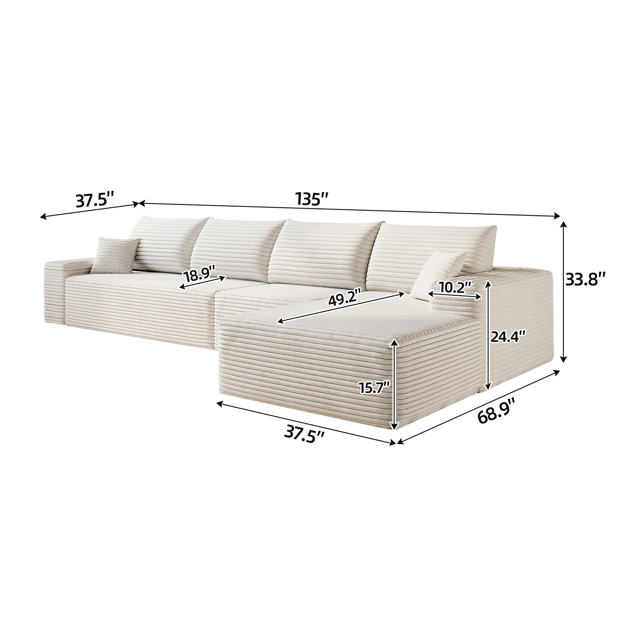 135" Cloud Sectional Couch with L-Shape Chaise,Modern Modular Sofa with Deep Seat, Upholstered Couches for Living Room Bedroom,No Assembly Required, (Plush Corduroy Fabric),White - Image 6