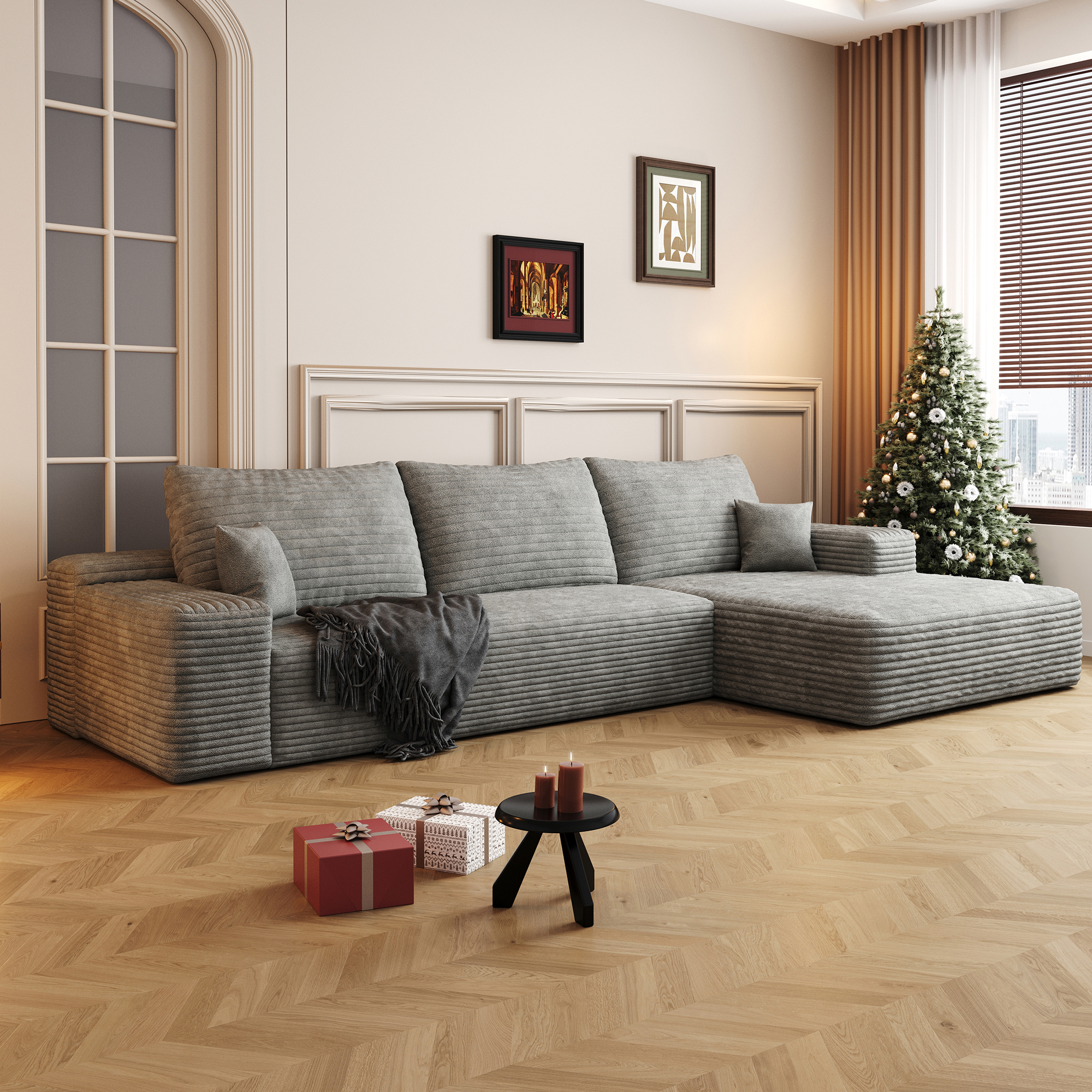 107" Cloud Sectional Couch with L-Shape Chaise,Modern Modular Sofa with Deep Seat, Upholstered Couches for Living Room Bedroom,No Assembly Required, Grey(Plush Corduroy Fabric) - Image 2