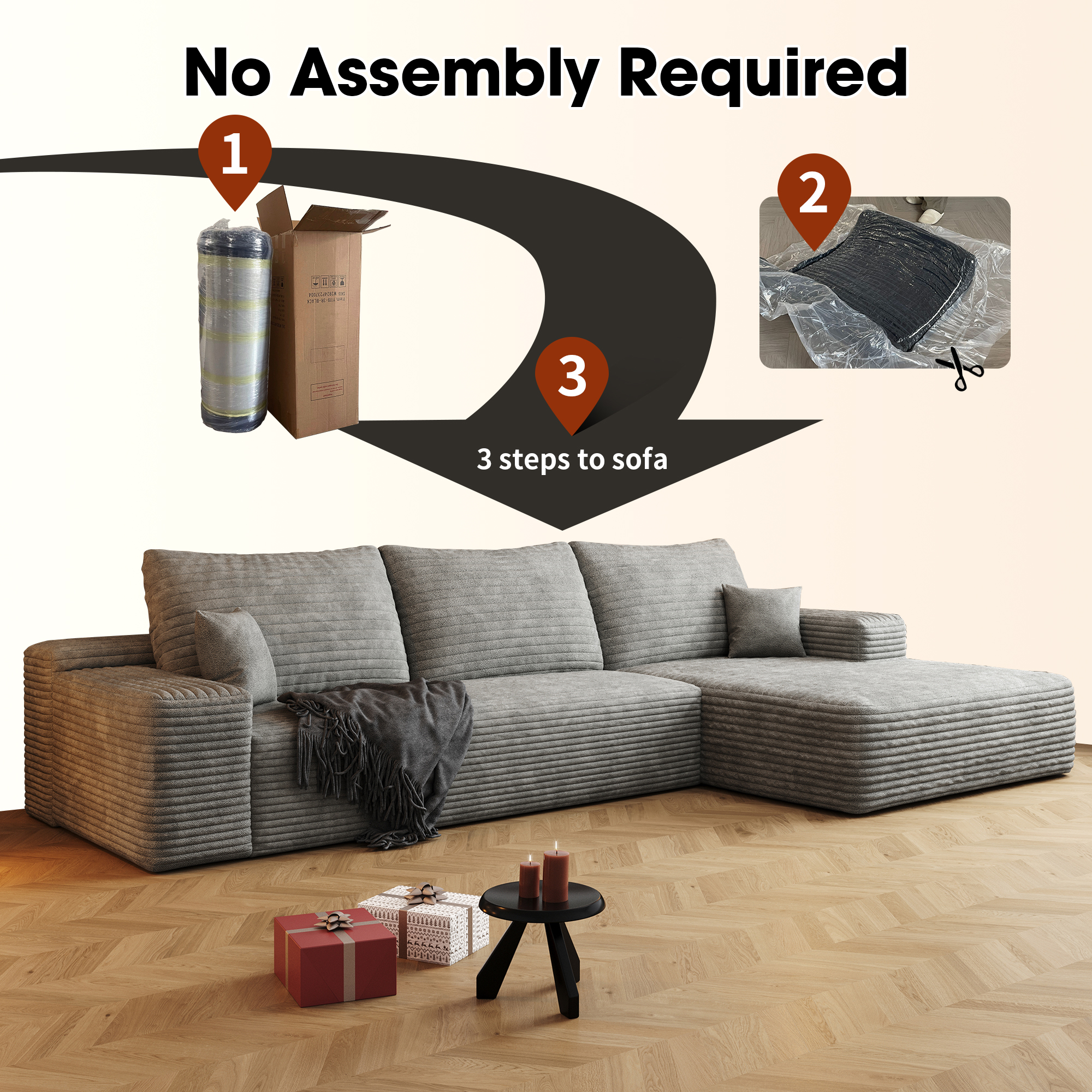107" Cloud Sectional Couch with L-Shape Chaise,Modern Modular Sofa with Deep Seat, Upholstered Couches for Living Room Bedroom,No Assembly Required, Grey(Plush Corduroy Fabric) - Image 5