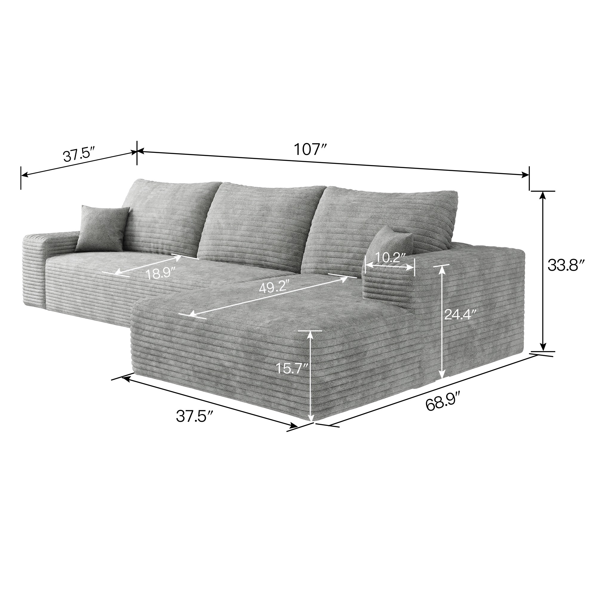 107" Cloud Sectional Couch with L-Shape Chaise,Modern Modular Sofa with Deep Seat, Upholstered Couches for Living Room Bedroom,No Assembly Required, Grey(Plush Corduroy Fabric) - Image 6