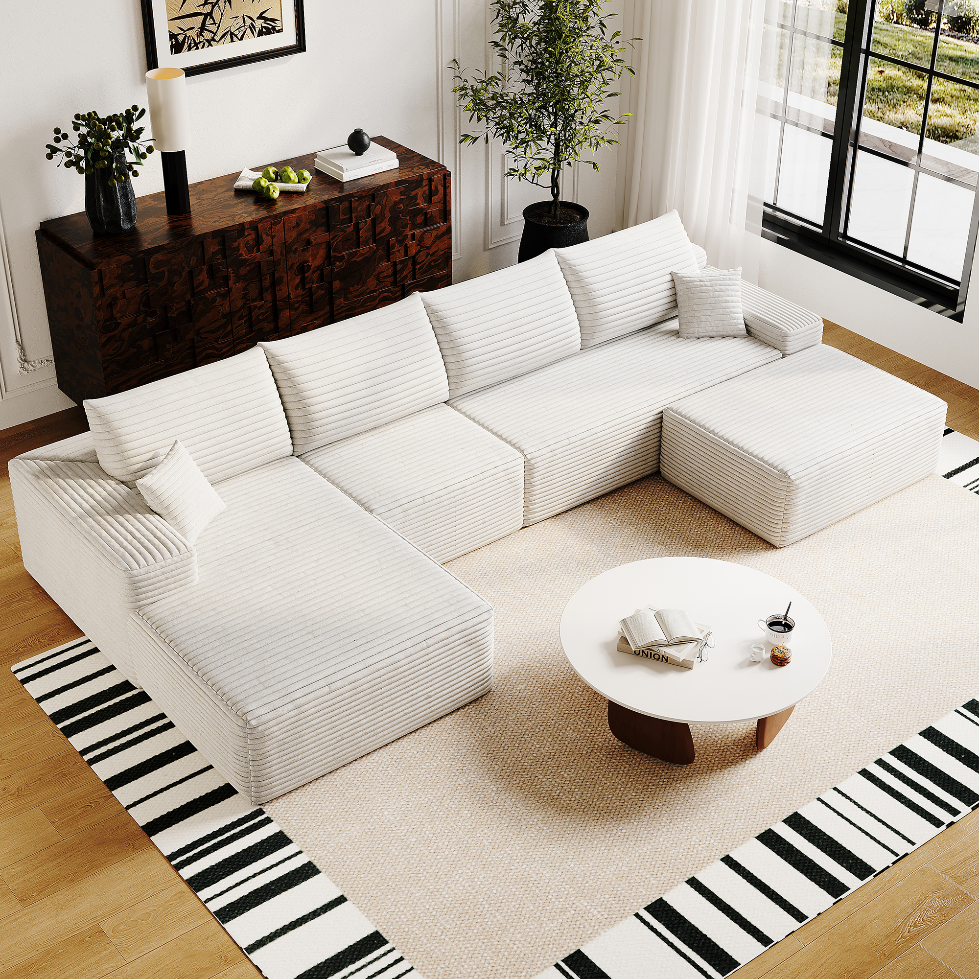 135" Cloud Sectional Sofa with 1 Ottoman,Modern Minimalist Upholstered Couches, Comfort U Shaped Sofa for Living Room,Deep Seat Corner Couch,No Assembly Required,Black (Plush Corduroy Fabric),White - Image 2