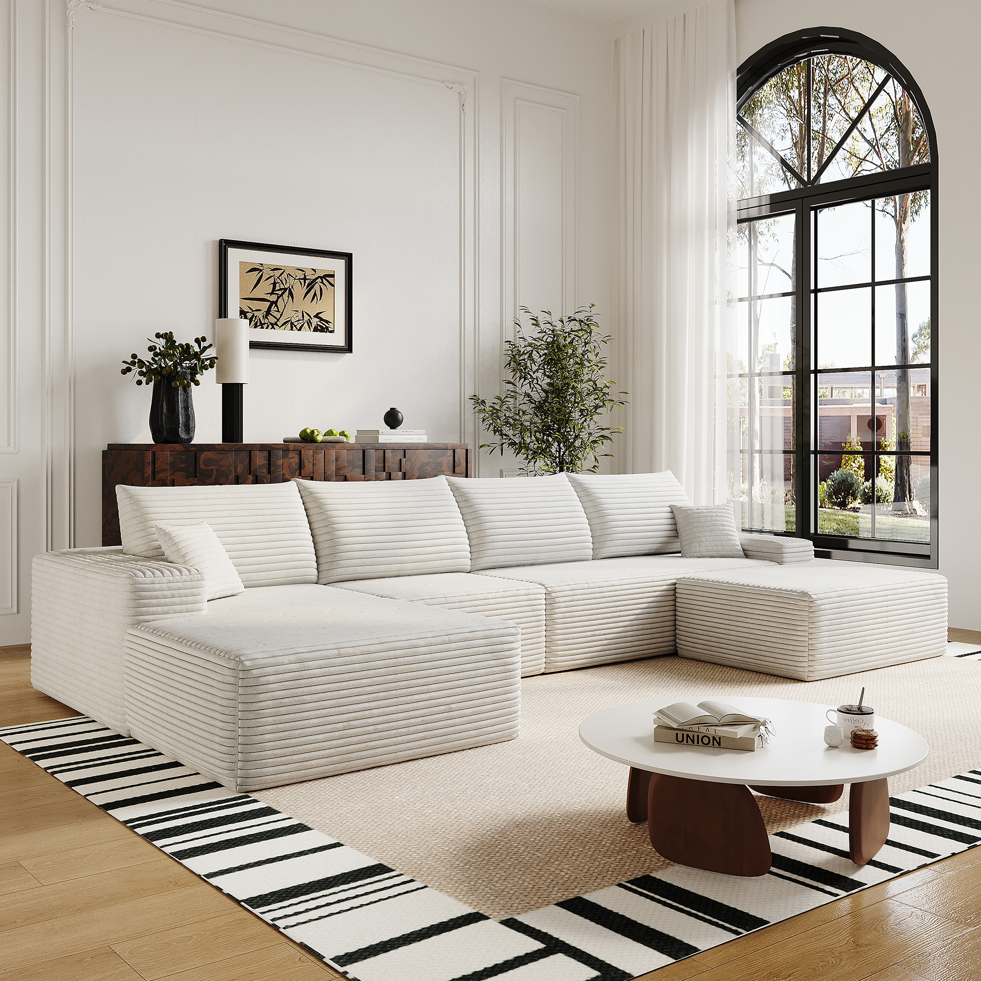 135" Cloud Sectional Sofa with 1 Ottoman,Modern Minimalist Upholstered Couches, Comfort U Shaped Sofa for Living Room,Deep Seat Corner Couch,No Assembly Required,Black (Plush Corduroy Fabric),White - Image 3