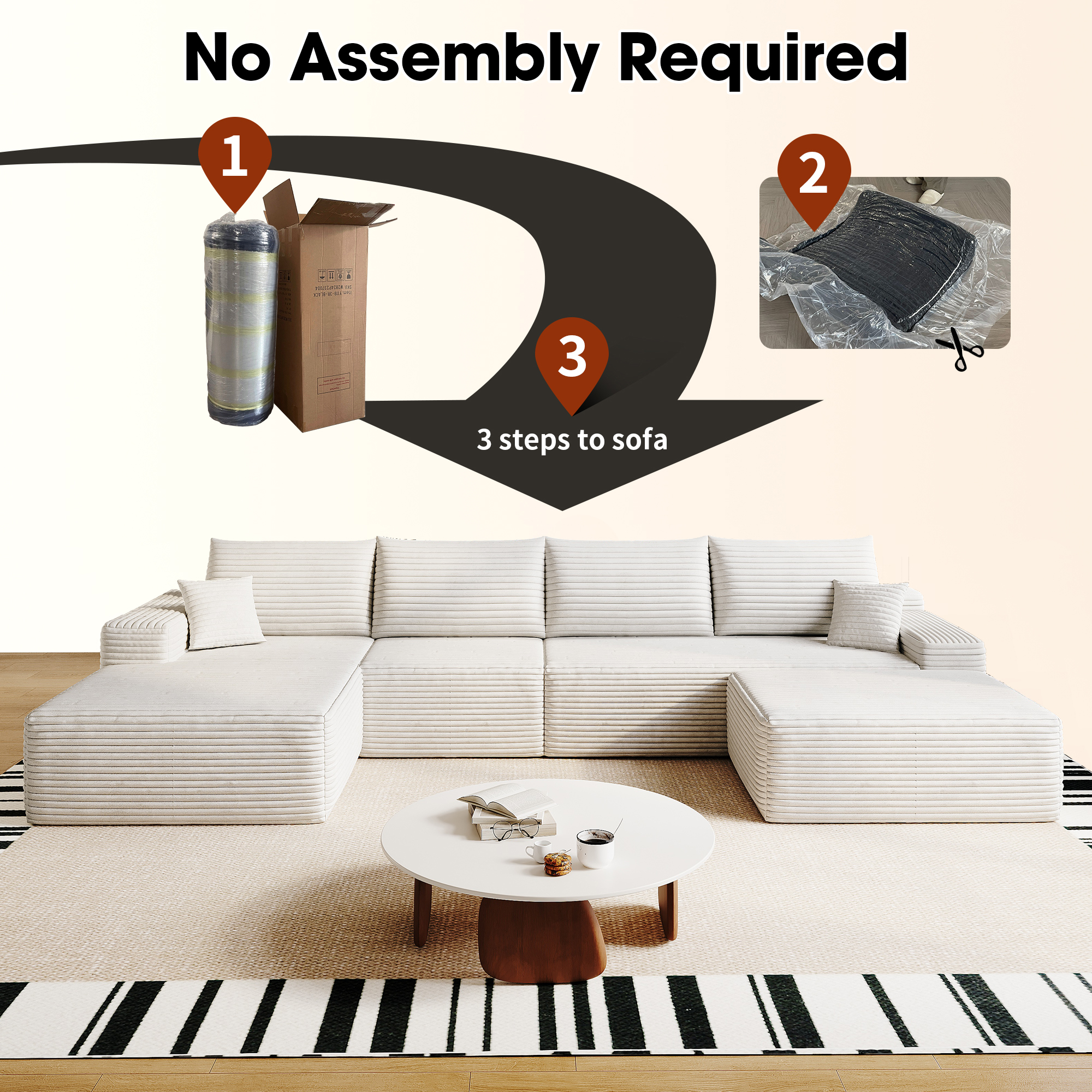 135" Cloud Sectional Sofa with 1 Ottoman,Modern Minimalist Upholstered Couches, Comfort U Shaped Sofa for Living Room,Deep Seat Corner Couch,No Assembly Required,Black (Plush Corduroy Fabric),White - Image 4