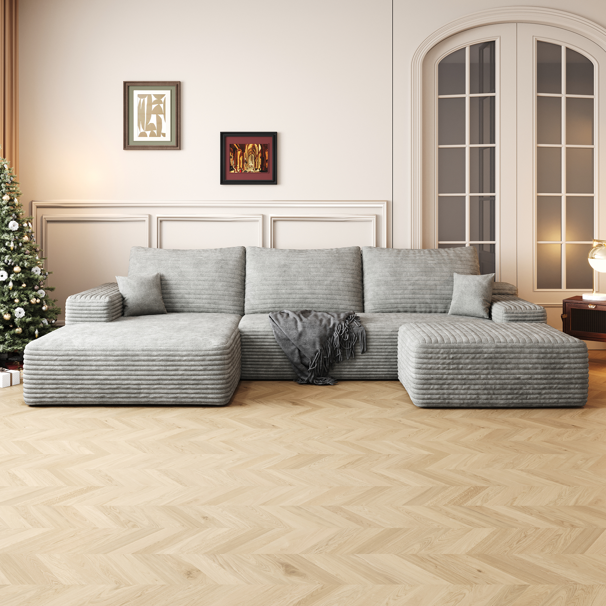 107"Cloud Sectional Sofa with 1 Ottoman,Modern Minimalist Upholstered Couches,Comfort U Shaped Sofa for Living Room,Deep Seat Corner Couch,No Assembly Required,Grey (Plush Corduroy Fabric) - Image 2