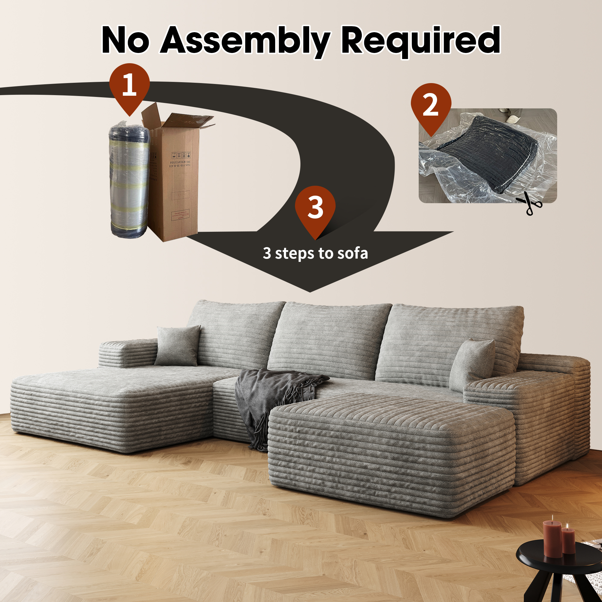 107"Cloud Sectional Sofa with 1 Ottoman,Modern Minimalist Upholstered Couches,Comfort U Shaped Sofa for Living Room,Deep Seat Corner Couch,No Assembly Required,Grey (Plush Corduroy Fabric) - Image 5