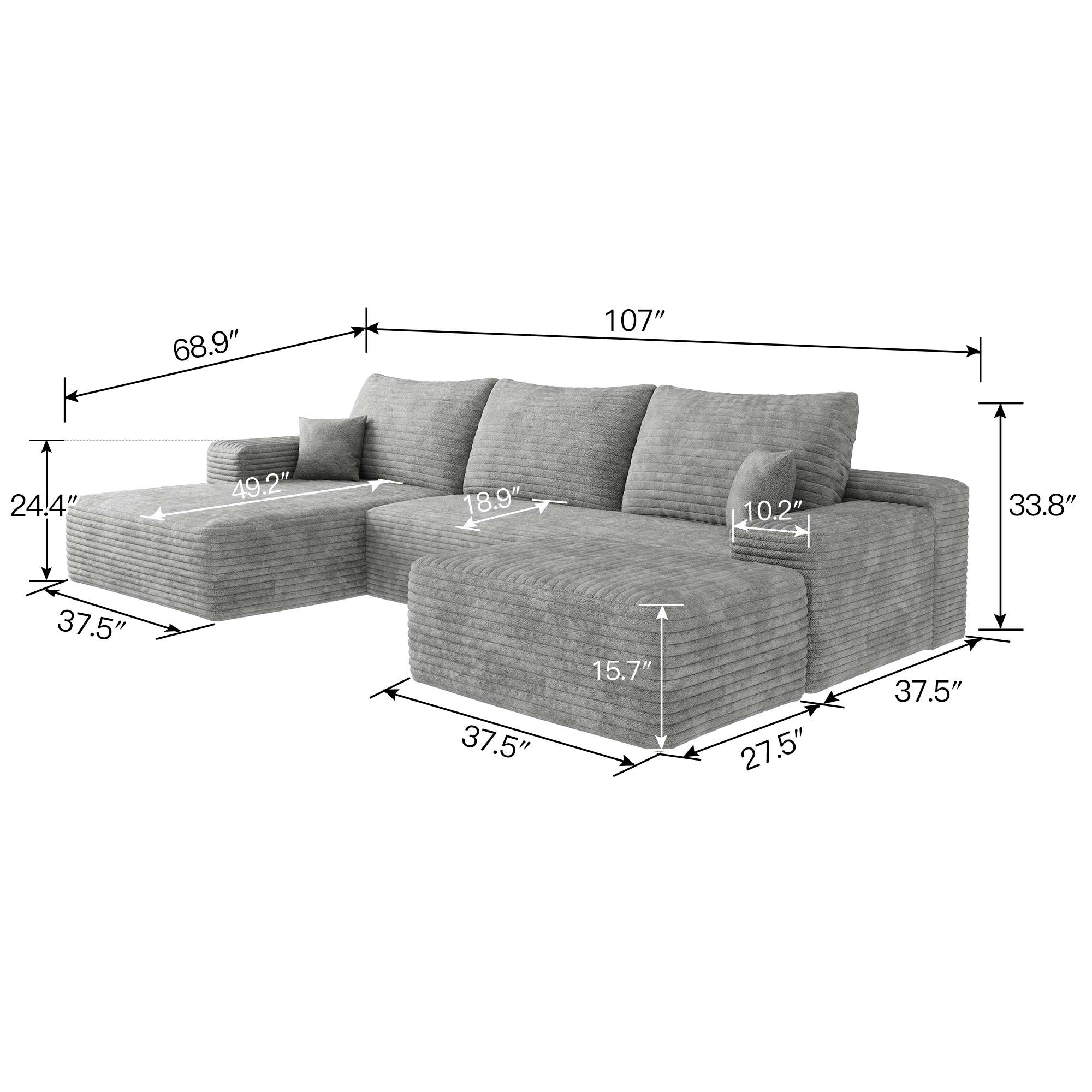 107"Cloud Sectional Sofa with 1 Ottoman,Modern Minimalist Upholstered Couches,Comfort U Shaped Sofa for Living Room,Deep Seat Corner Couch,No Assembly Required,Grey (Plush Corduroy Fabric) - Image 5