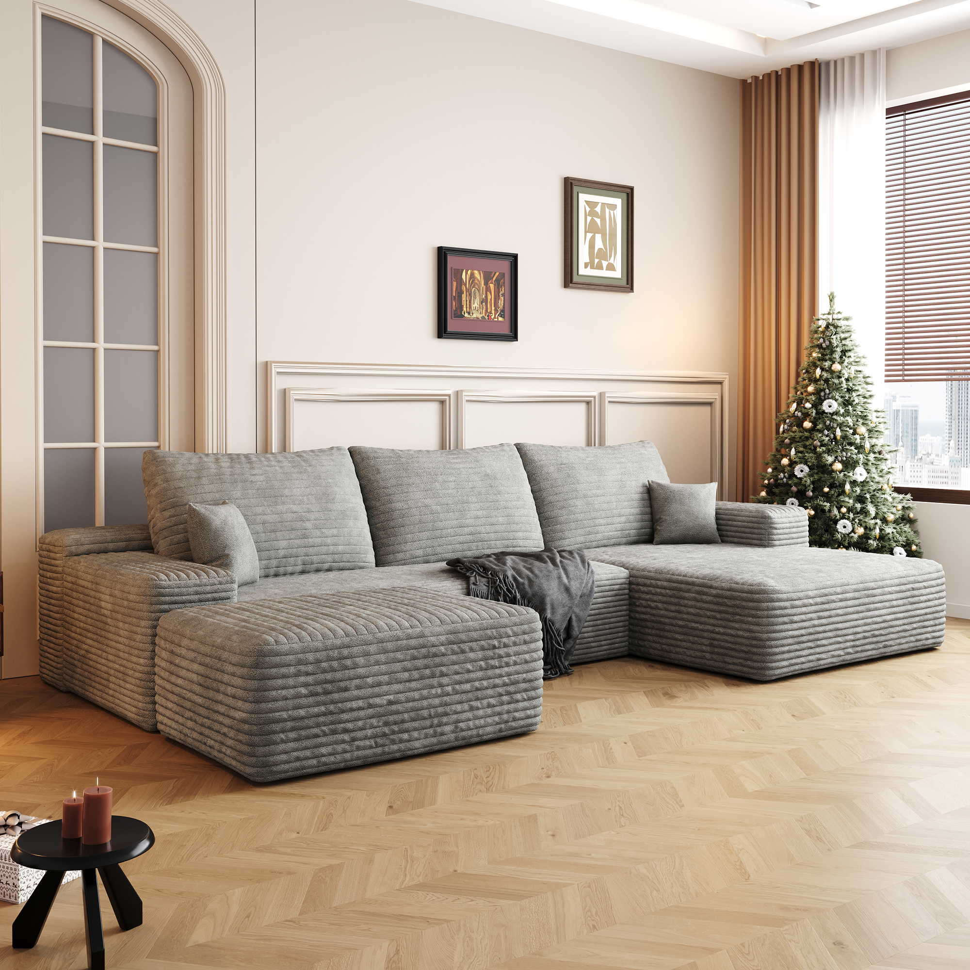 107" Cloud Sectional Sofa with 1 Ottoman,Modern Minimalist Upholstered Couches, Comfort U Shaped Sofa for Living Room,Deep Seat Corner Couch,No Assembly Required,Grey(Plush Corduroy Fabric) - Image 2