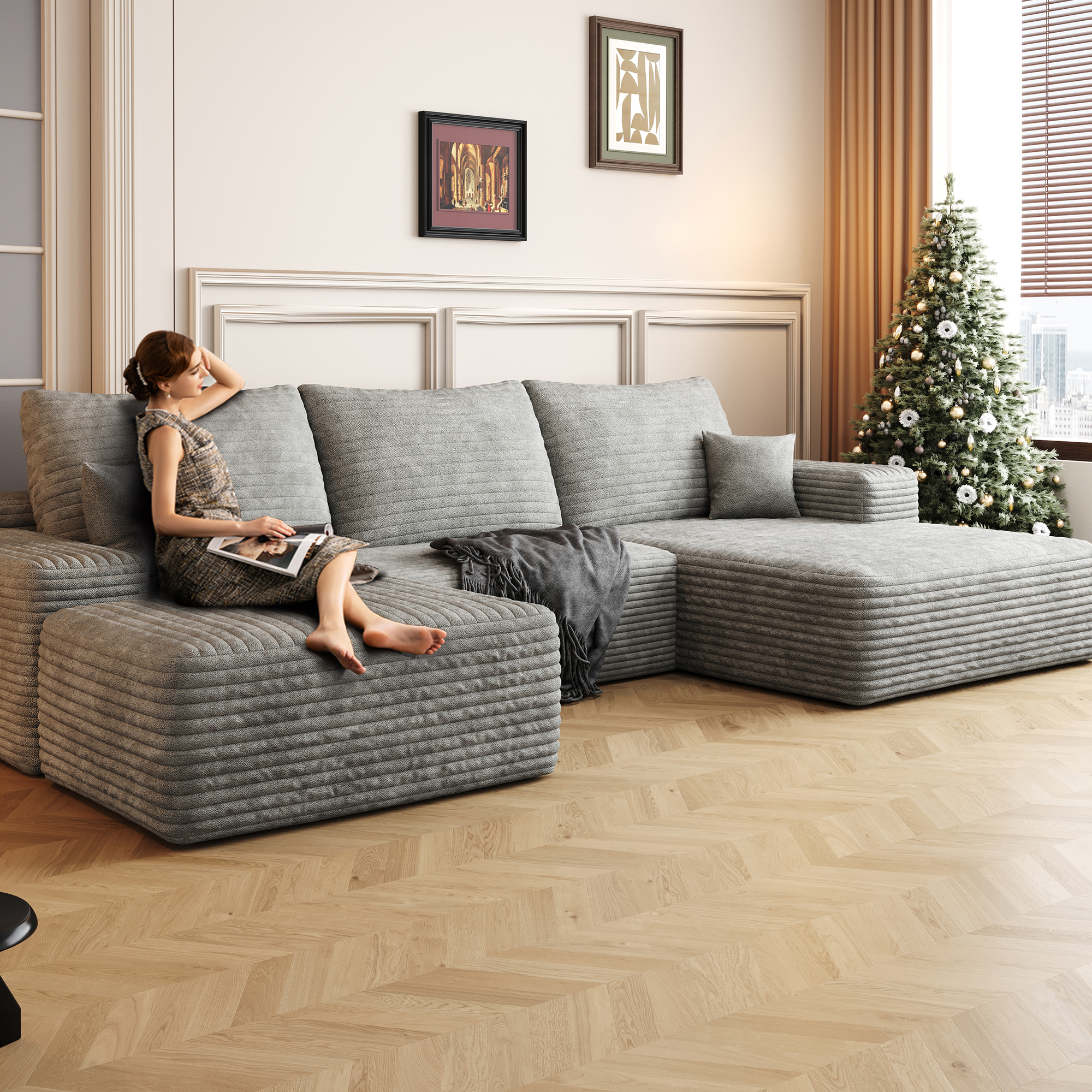 107" Cloud Sectional Sofa with 1 Ottoman,Modern Minimalist Upholstered Couches, Comfort U Shaped Sofa for Living Room,Deep Seat Corner Couch,No Assembly Required,Grey(Plush Corduroy Fabric) - Image 3