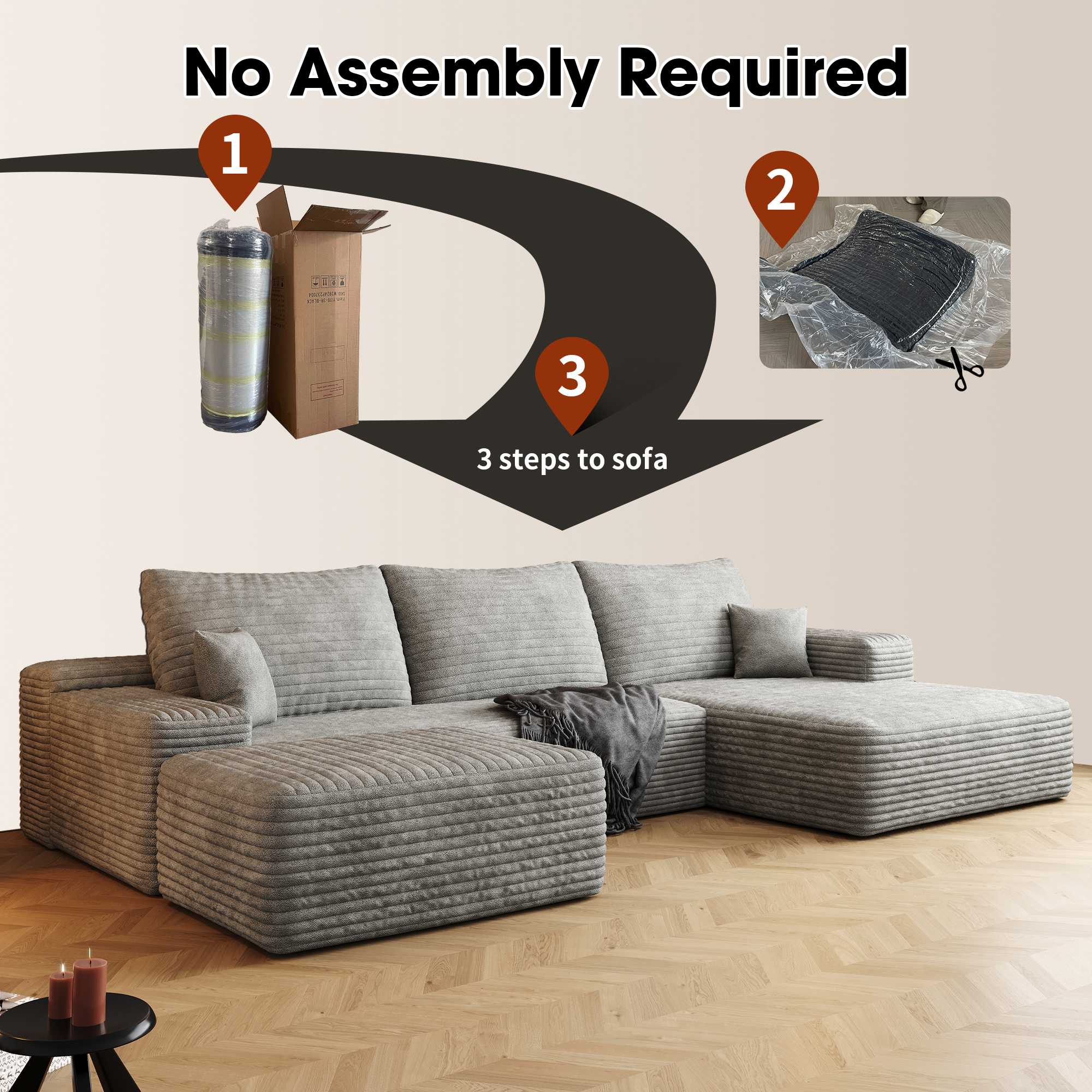 107" Cloud Sectional Sofa with 1 Ottoman,Modern Minimalist Upholstered Couches, Comfort U Shaped Sofa for Living Room,Deep Seat Corner Couch,No Assembly Required,Grey(Plush Corduroy Fabric) - Image 6