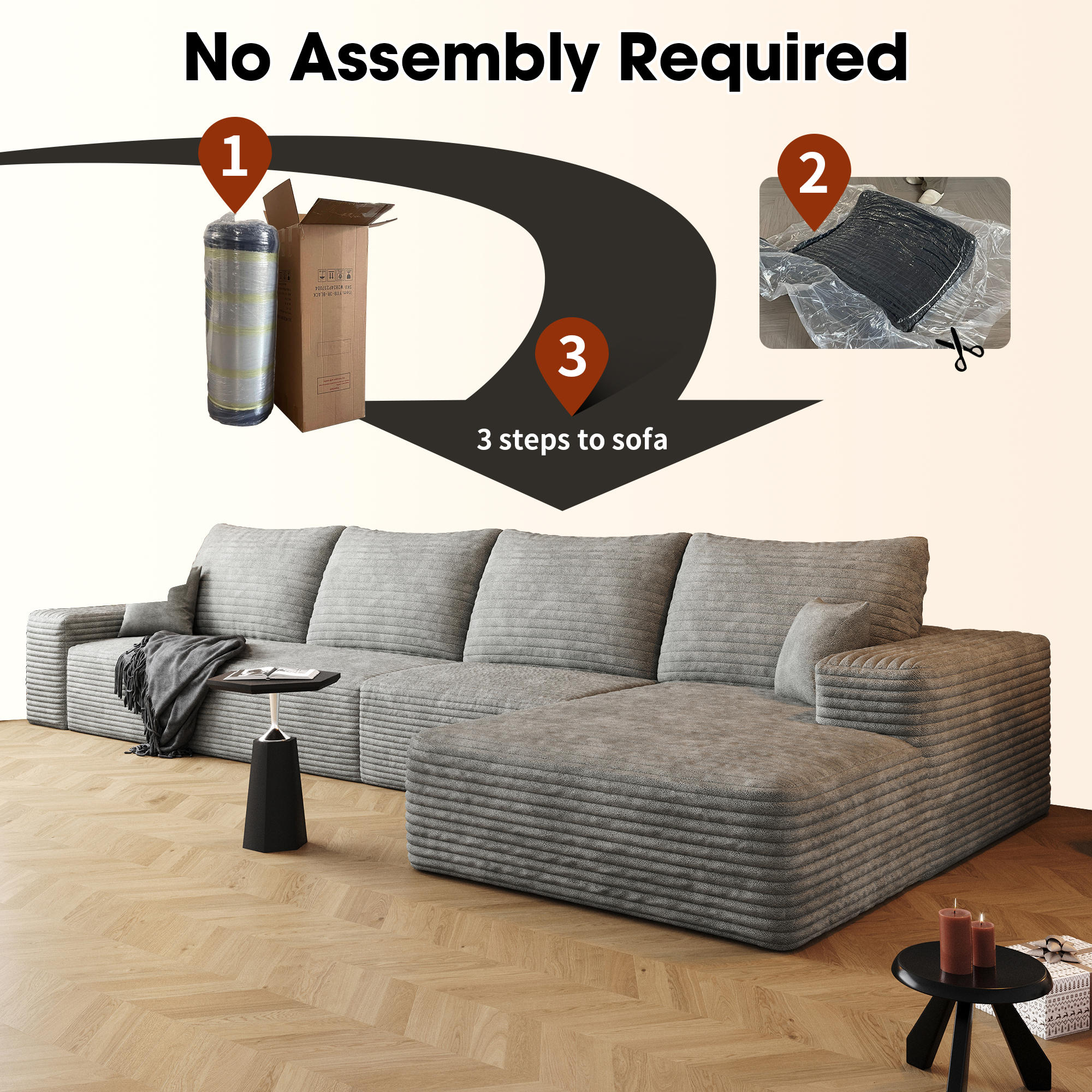 135" Cloud Sectional Couch with L-Shape Chaise,Modern Modular Sofa with Deep Seat, Upholstered Couches for Living Room Bedroom,No Assembly Required,Grey (Plush Corduroy Fabric) - Image 5