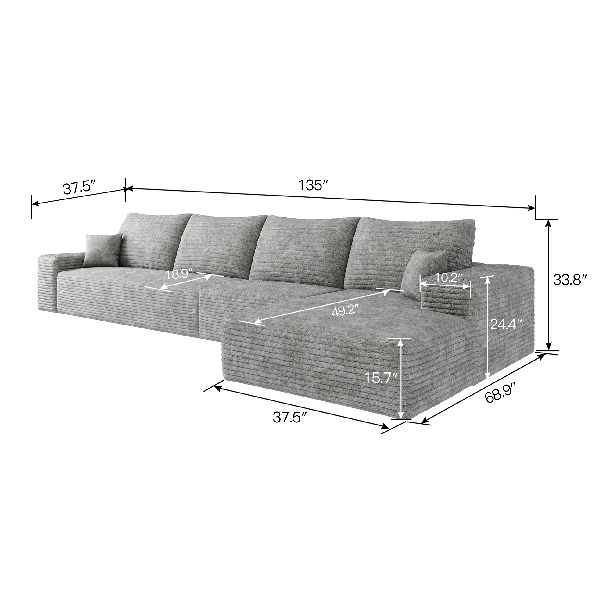 135" Cloud Sectional Couch with L-Shape Chaise,Modern Modular Sofa with Deep Seat, Upholstered Couches for Living Room Bedroom,No Assembly Required,Grey (Plush Corduroy Fabric) - Image 6