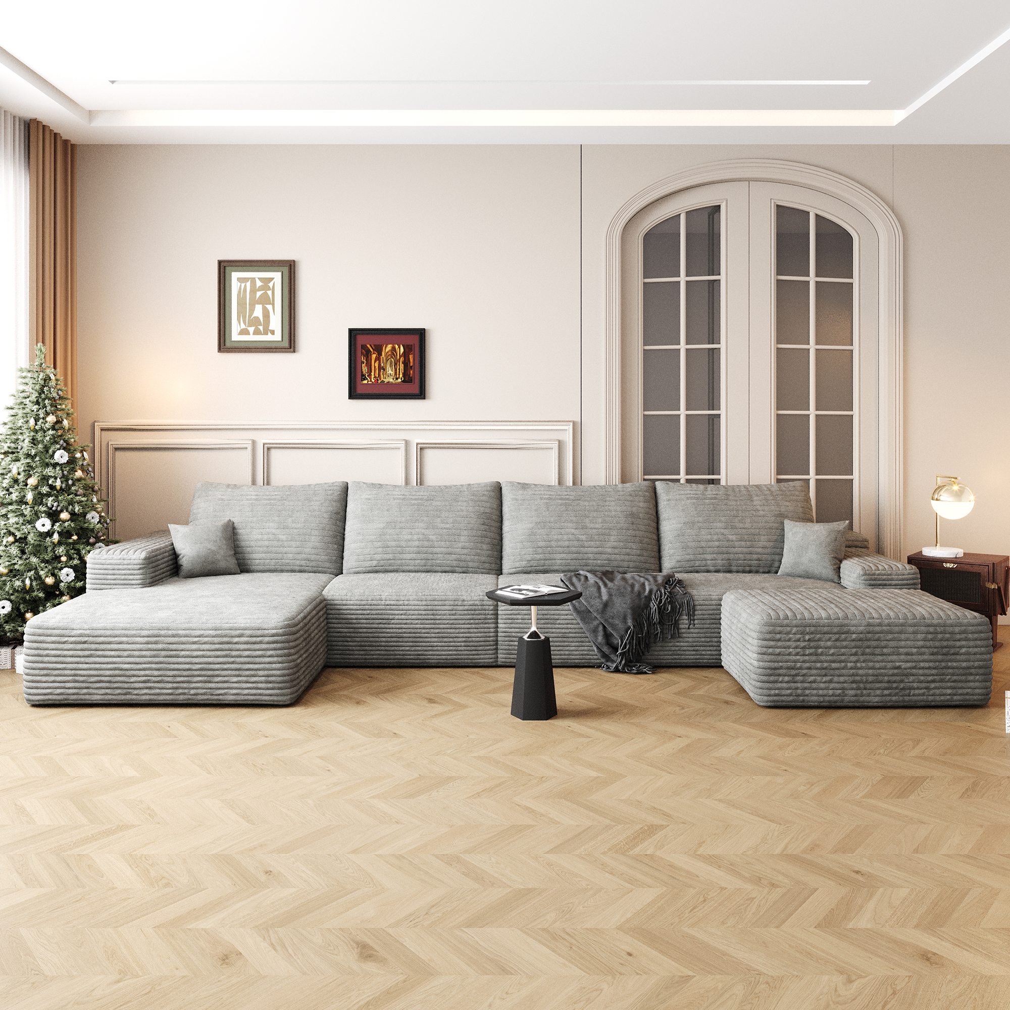 135" Cloud Sectional Sofa with 1 Ottoman,Modern Minimalist Upholstered Couches, Comfort U Shaped Sofa for Living Room,Deep Seat Corner Couch,No Assembly Required ,Grey(Plush Corduroy Fabric) - Image 2