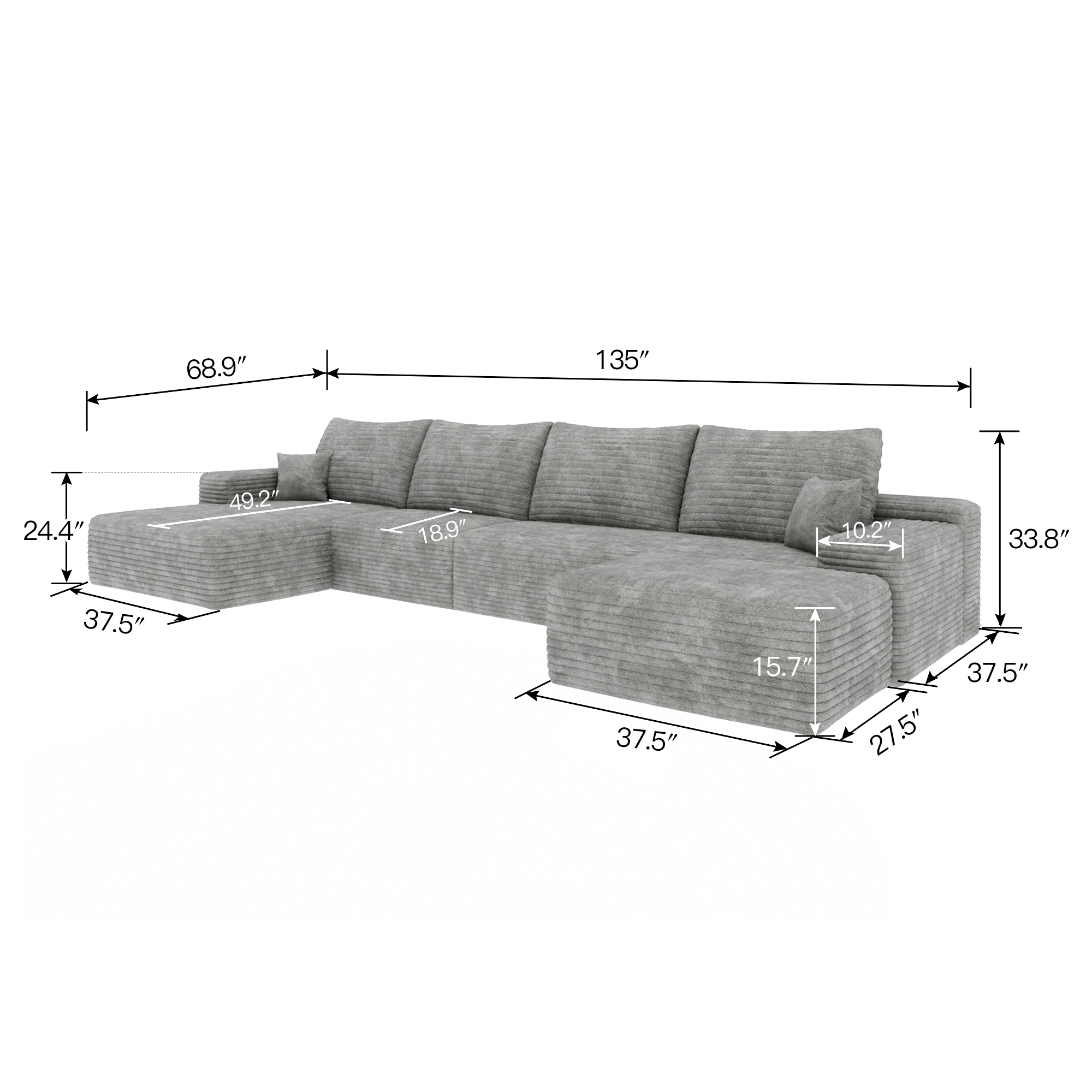 135" Cloud Sectional Sofa with 1 Ottoman,Modern Minimalist Upholstered Couches, Comfort U Shaped Sofa for Living Room,Deep Seat Corner Couch,No Assembly Required ,Grey(Plush Corduroy Fabric) - Image 6