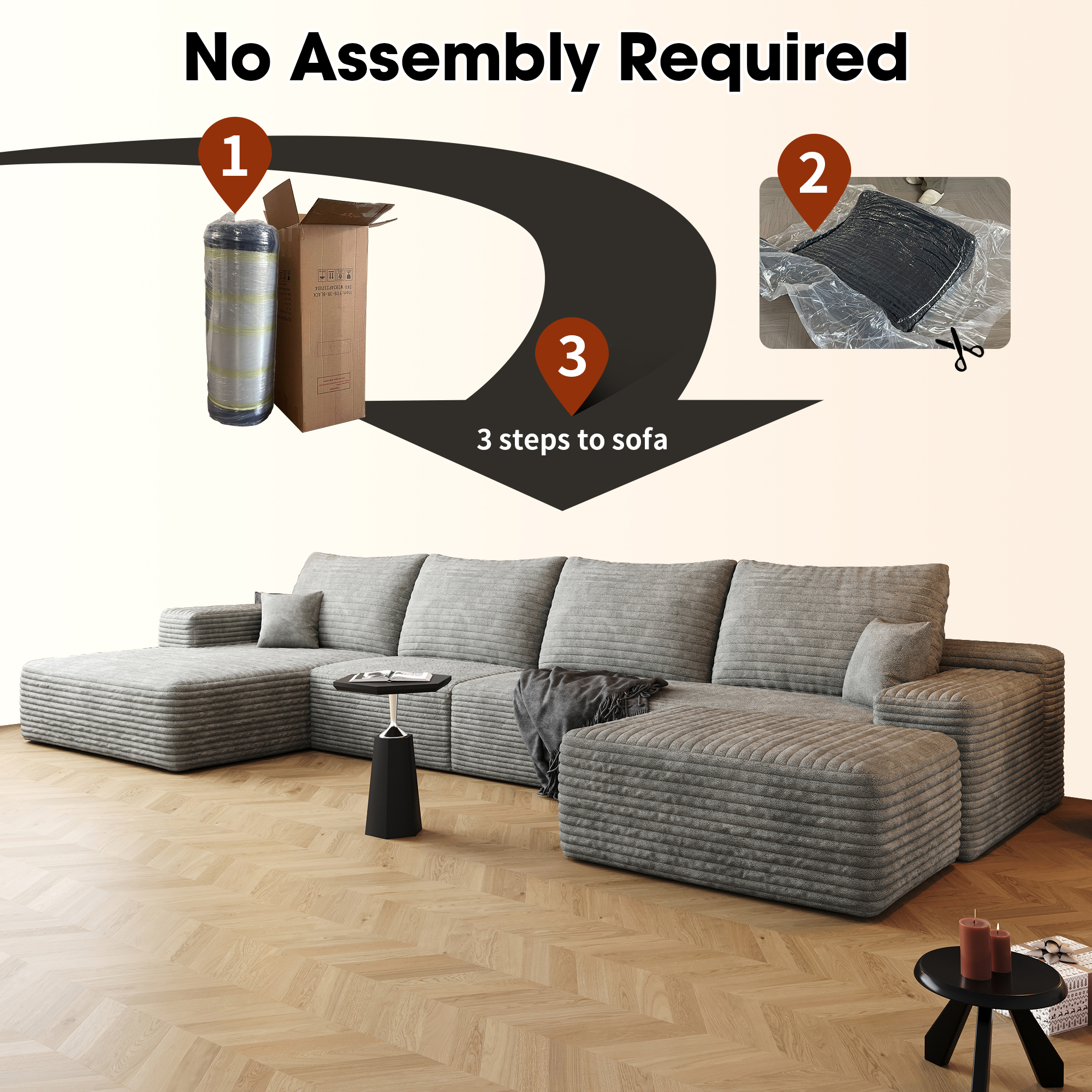 135" Cloud Sectional Sofa with 1 Ottoman,Modern Minimalist Upholstered Couches, Comfort U Shaped Sofa for Living Room,Deep Seat Corner Couch,No Assembly Required ,Grey(Plush Corduroy Fabric) - Image 5