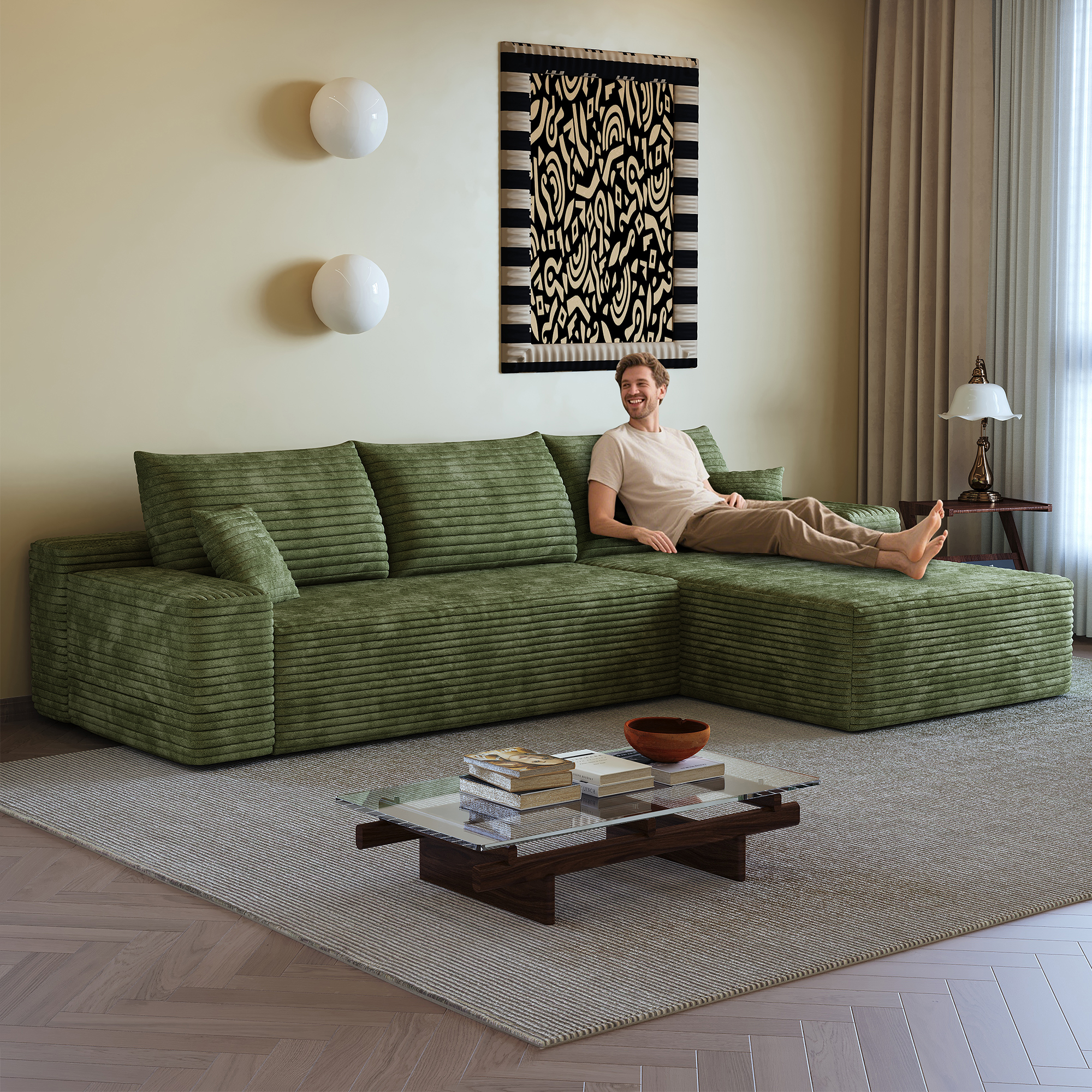 107" Cloud Sectional Couch with L-Shape Chaise,Modern Modular Sofa with Deep Seat, Upholstered Couches for Living Room Bedroom,No Assembly Required, (Plush Corduroy Fabric),Green - Image 2
