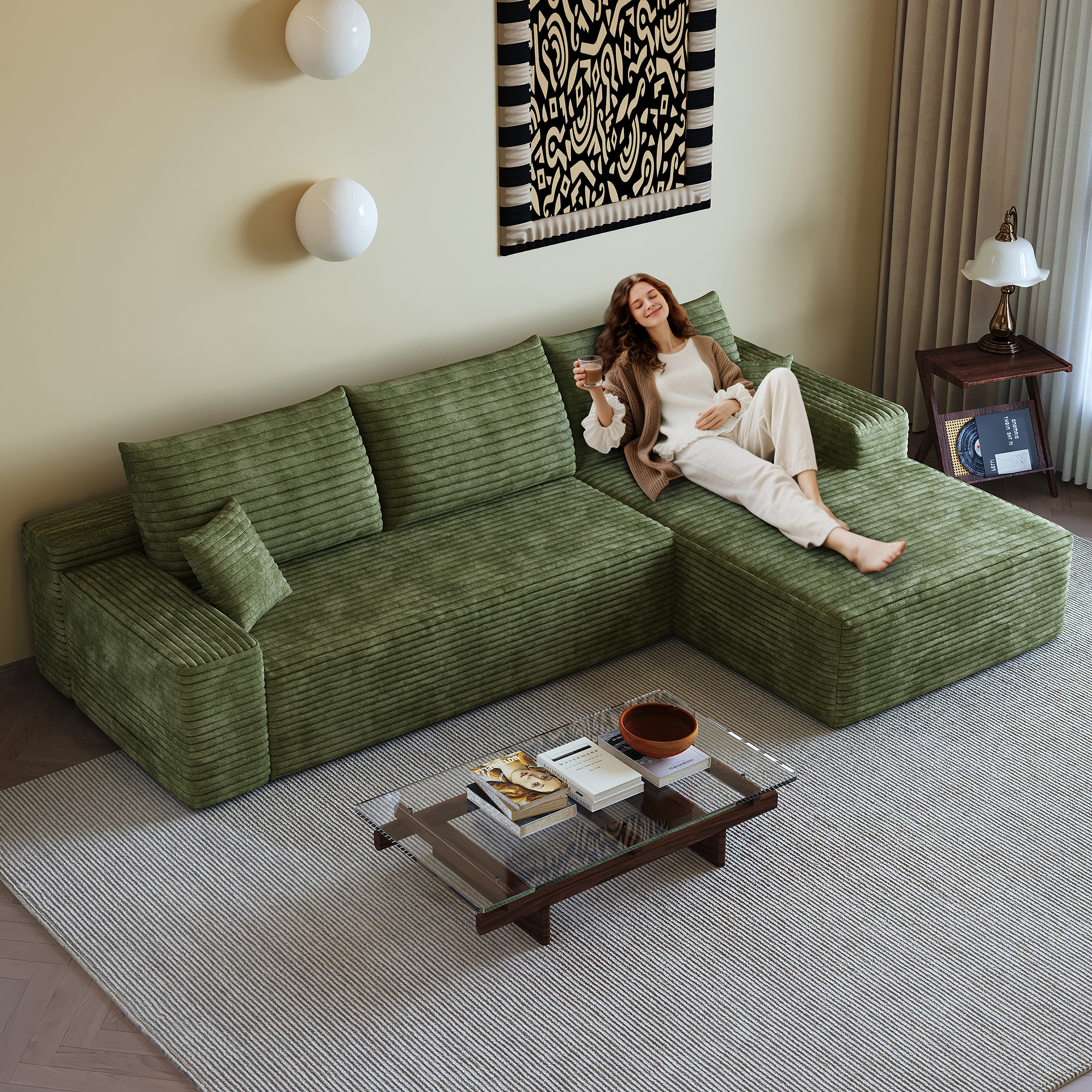 107" Cloud Sectional Couch with L-Shape Chaise,Modern Modular Sofa with Deep Seat, Upholstered Couches for Living Room Bedroom,No Assembly Required, (Plush Corduroy Fabric),Green - Image 3