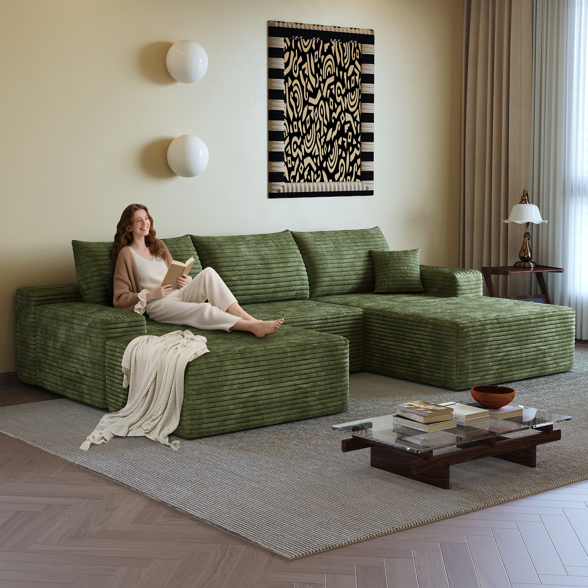 107" Cloud Sectional Sofa with 1 Ottoman,Modern Minimalist Upholstered Couches, Comfort U Shaped Sofa for Living Room,Deep Seat Corner Couch,No Assembly Required (Plush Corduroy Fabric),Green - Image 2