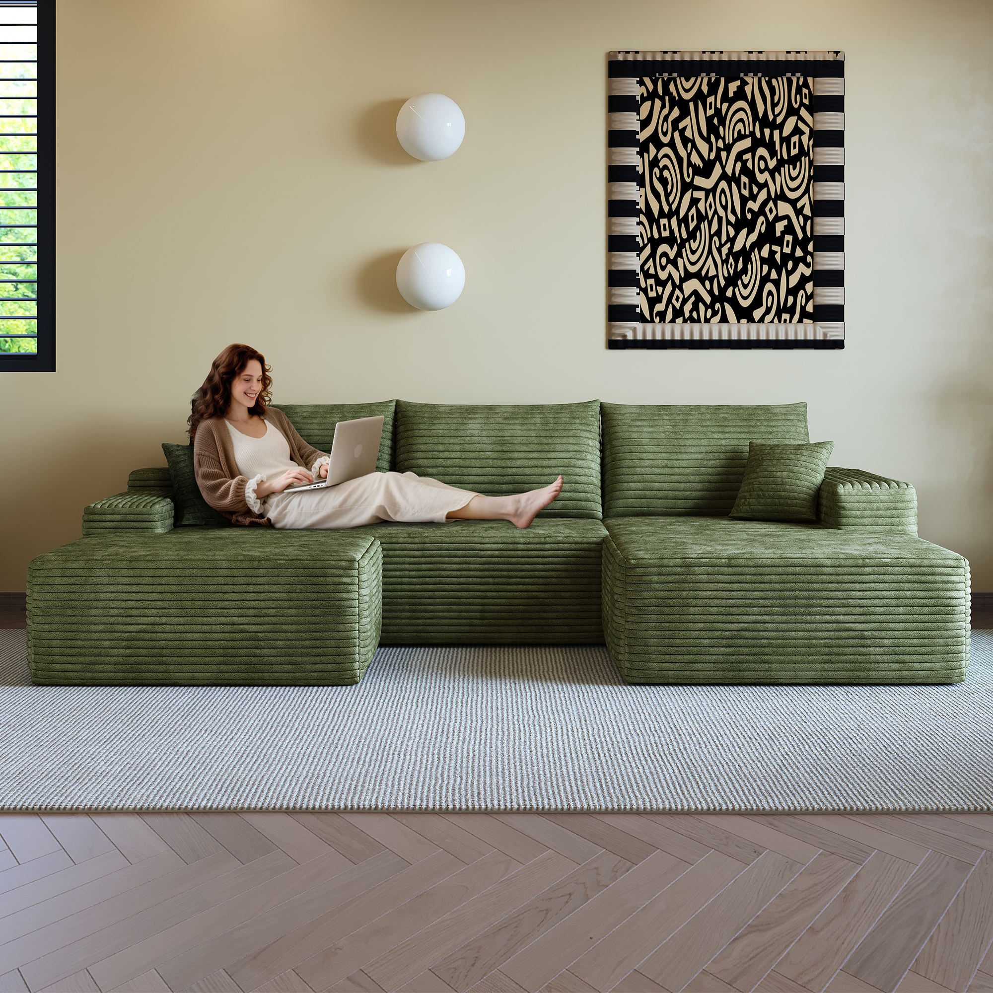 107" Cloud Sectional Sofa with 1 Ottoman,Modern Minimalist Upholstered Couches, Comfort U Shaped Sofa for Living Room,Deep Seat Corner Couch,No Assembly Required (Plush Corduroy Fabric),Green - Image 3