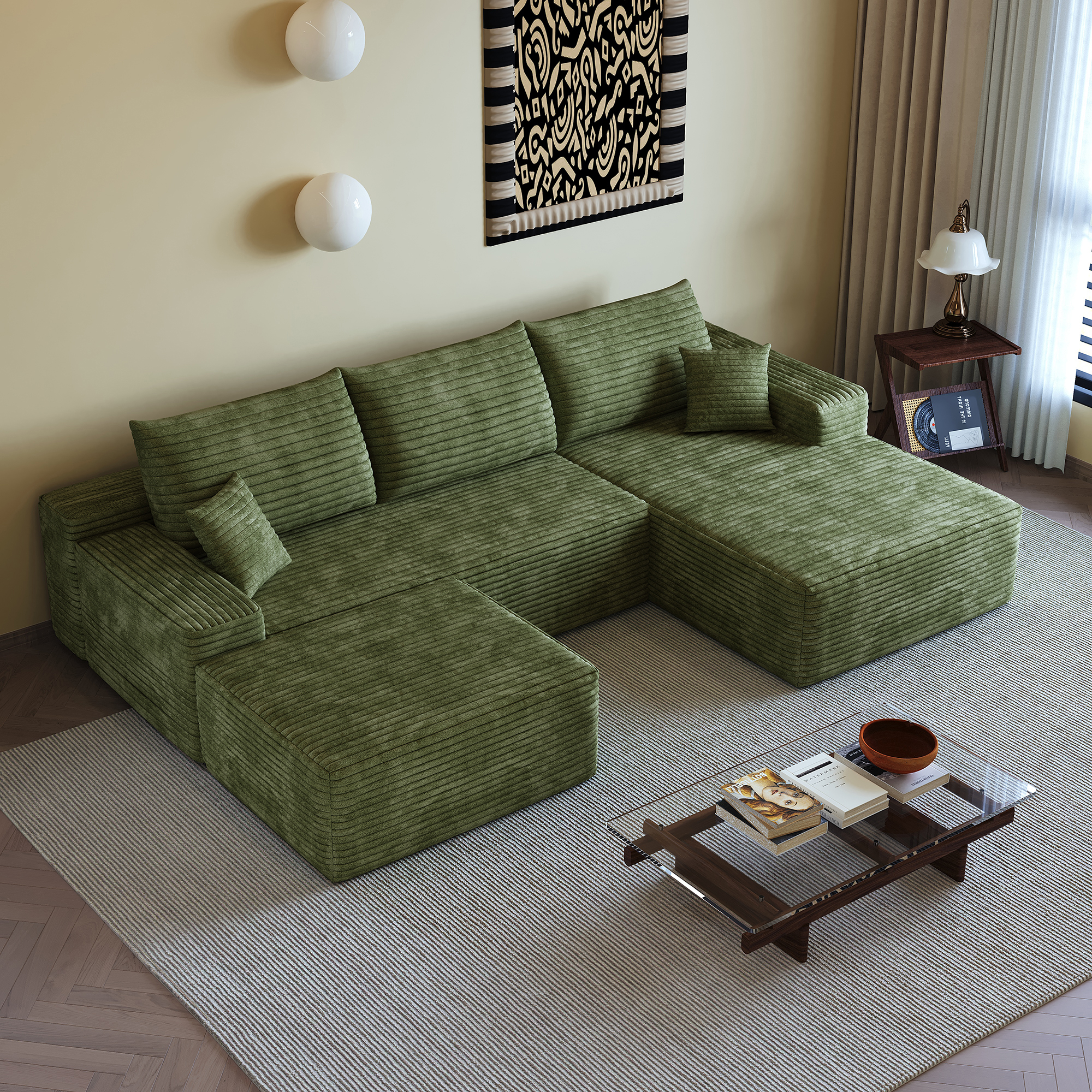 107" Cloud Sectional Sofa with 1 Ottoman,Modern Minimalist Upholstered Couches, Comfort U Shaped Sofa for Living Room,Deep Seat Corner Couch,No Assembly Required (Plush Corduroy Fabric),Green - Image 5