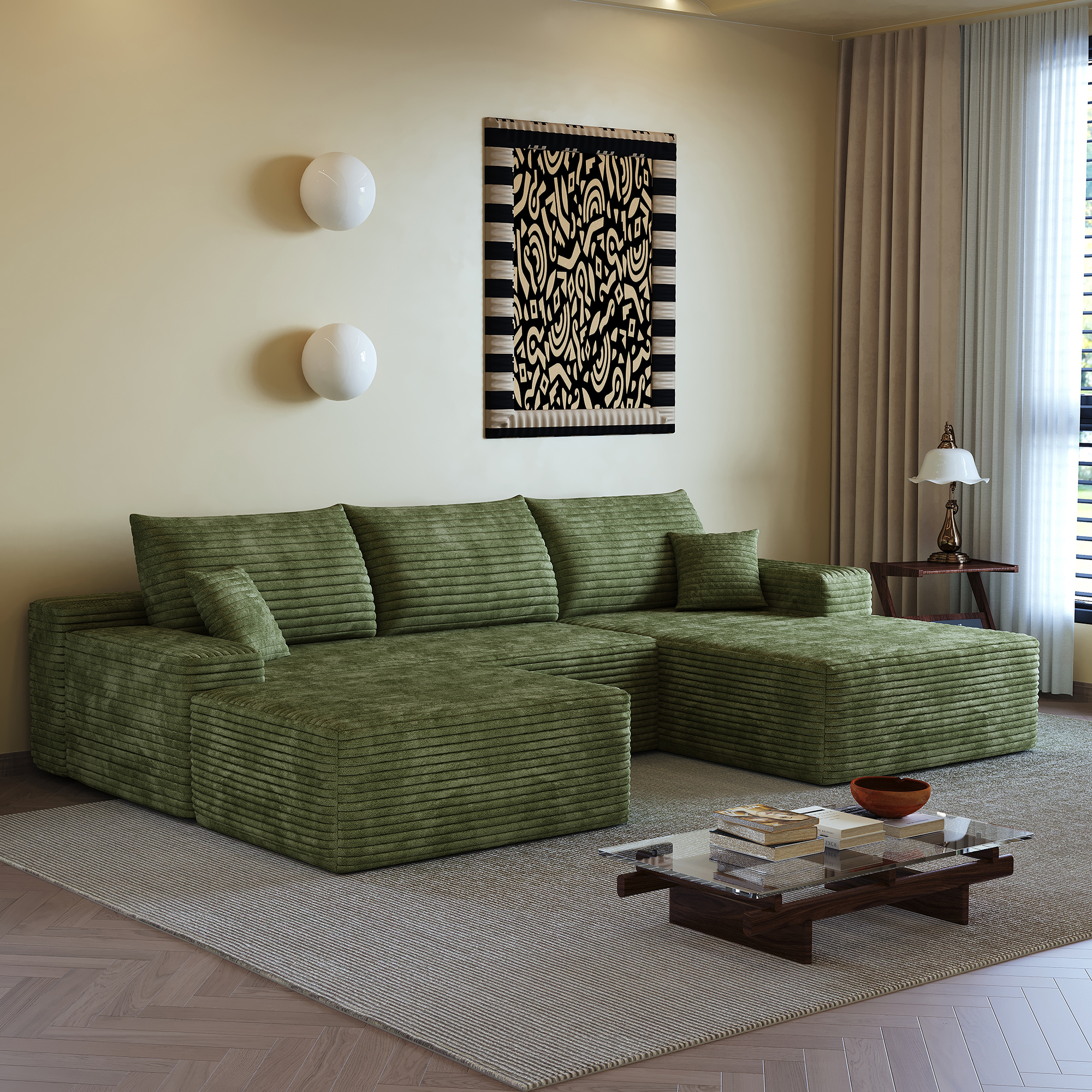 107" Cloud Sectional Sofa with 1 Ottoman,Modern Minimalist Upholstered Couches, Comfort U Shaped Sofa for Living Room,Deep Seat Corner Couch,No Assembly Required (Plush Corduroy Fabric),Green - Image 6
