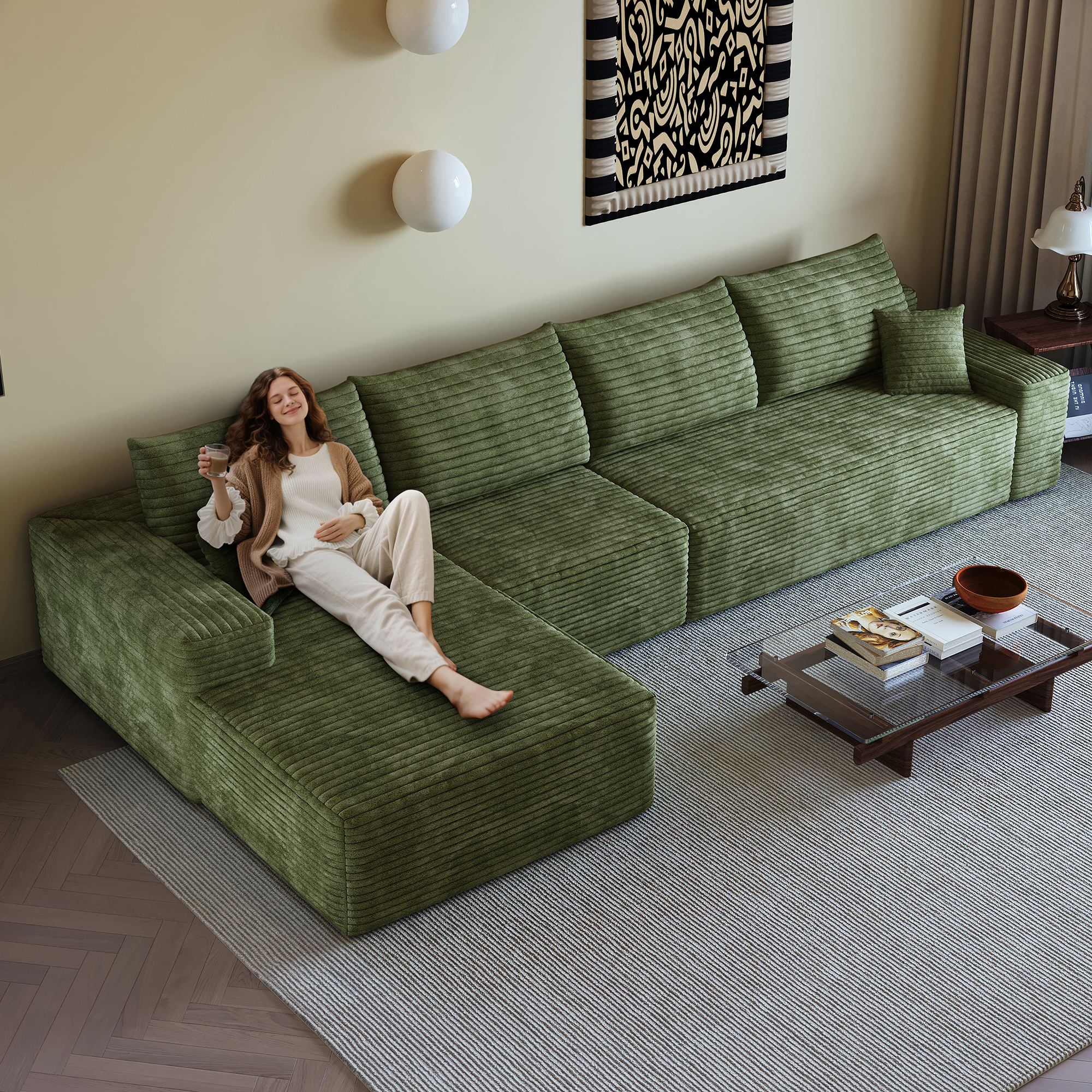 135" Cloud Sectional Couch with L-Shape Chaise,Modern Modular Sofa with Deep Seat, Upholstered Couches for Living Room Bedroom,No Assembly Required, (Plush Corduroy Fabric),Green - Image 2