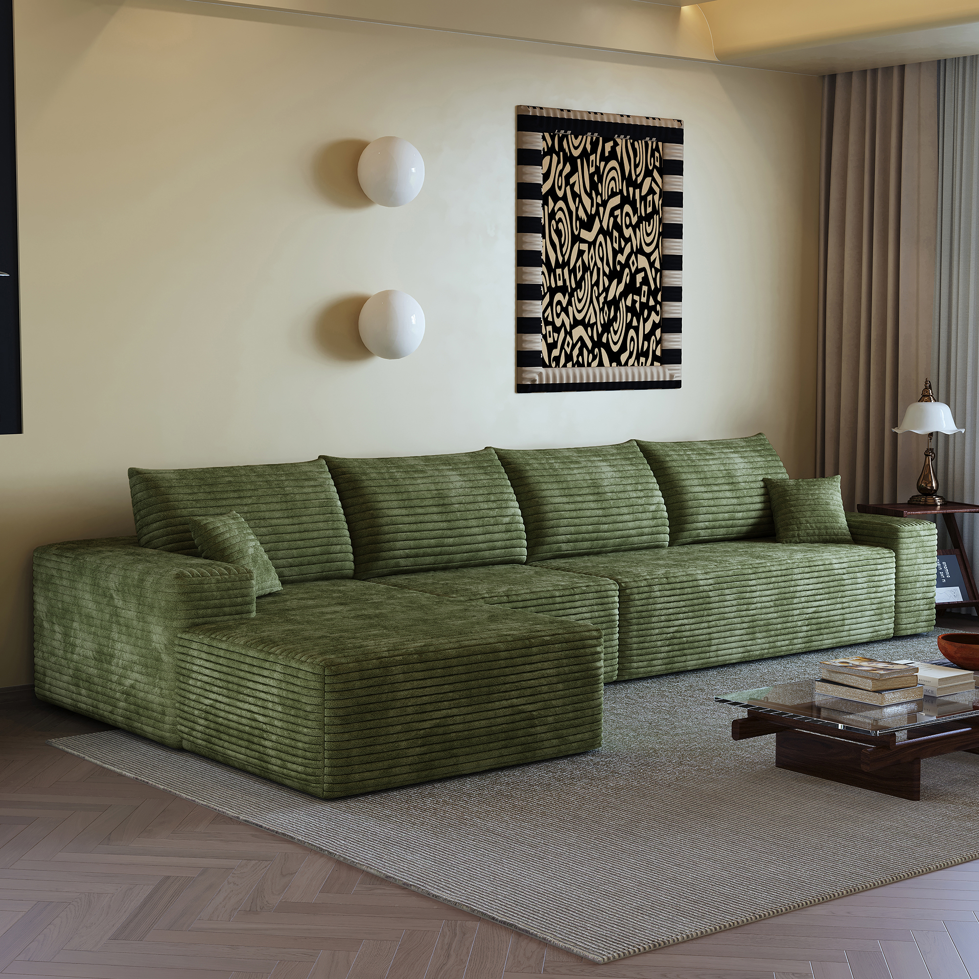 135" Cloud Sectional Couch with L-Shape Chaise,Modern Modular Sofa with Deep Seat, Upholstered Couches for Living Room Bedroom,No Assembly Required, (Plush Corduroy Fabric),Green - Image 4