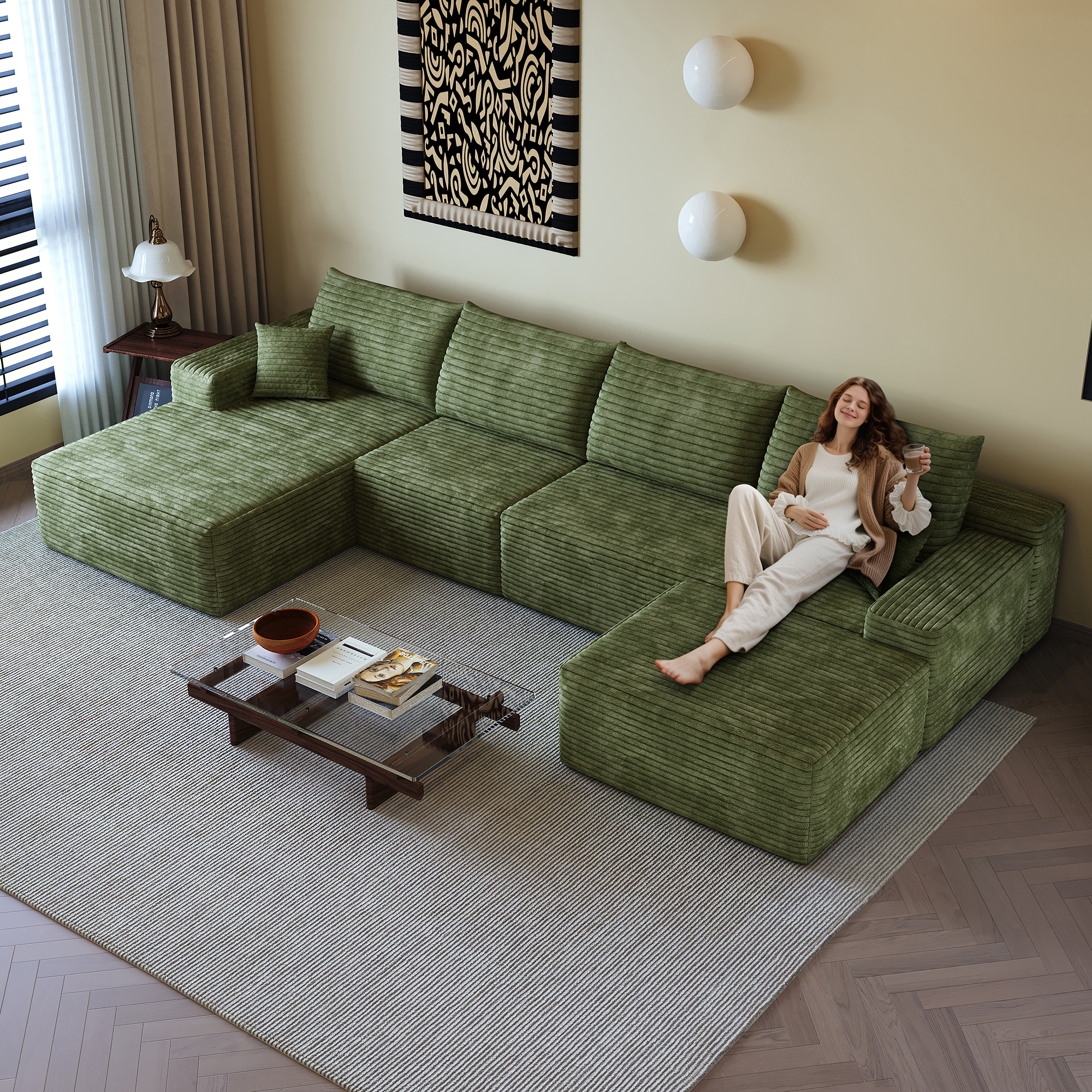 135" Cloud Sectional Sofa with 1 Ottoman,Modern Minimalist Upholstered Couches, Comfort U Shaped Sofa for Living Room,Deep Seat Corner Couch,No Assembly Required,Black (Plush Corduroy Fabric),Green - Image 2
