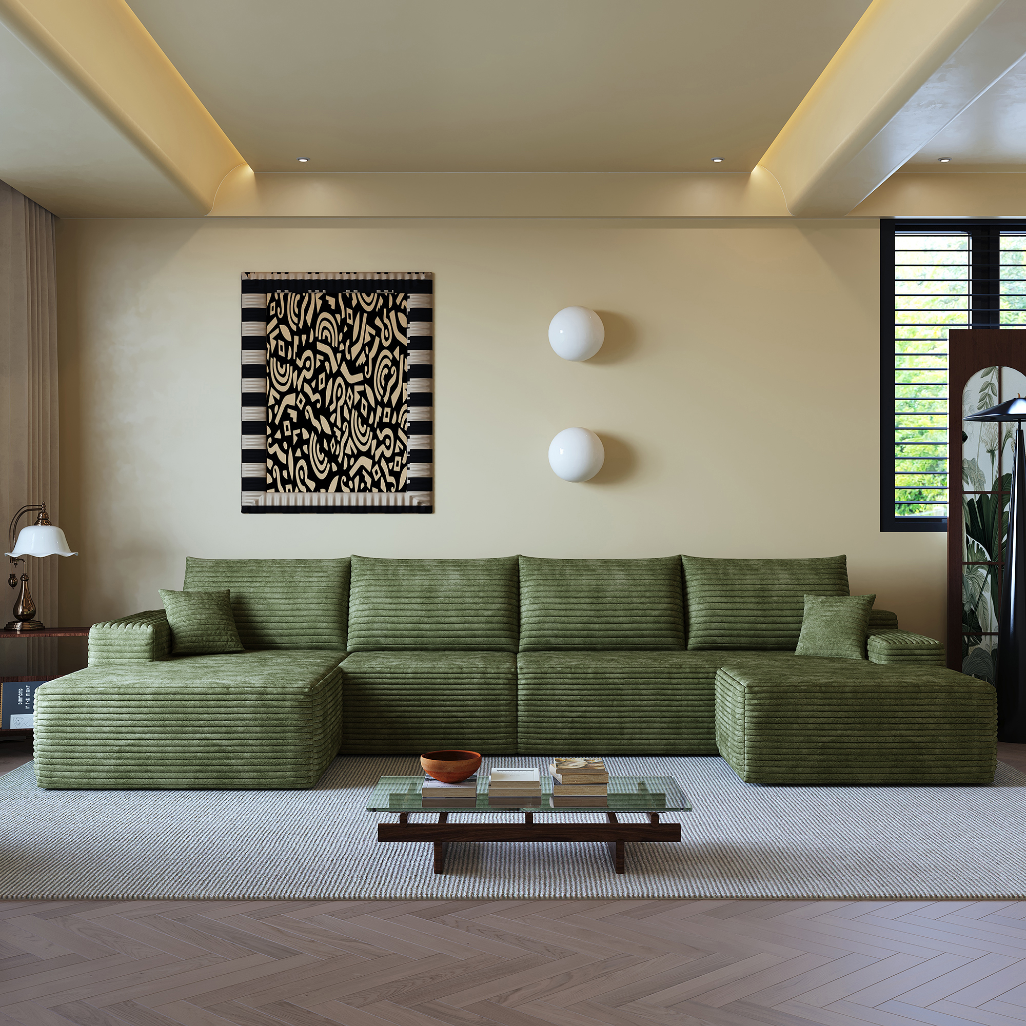 135" Cloud Sectional Sofa with 1 Ottoman,Modern Minimalist Upholstered Couches, Comfort U Shaped Sofa for Living Room,Deep Seat Corner Couch,No Assembly Required,Black (Plush Corduroy Fabric),Green - Image 4