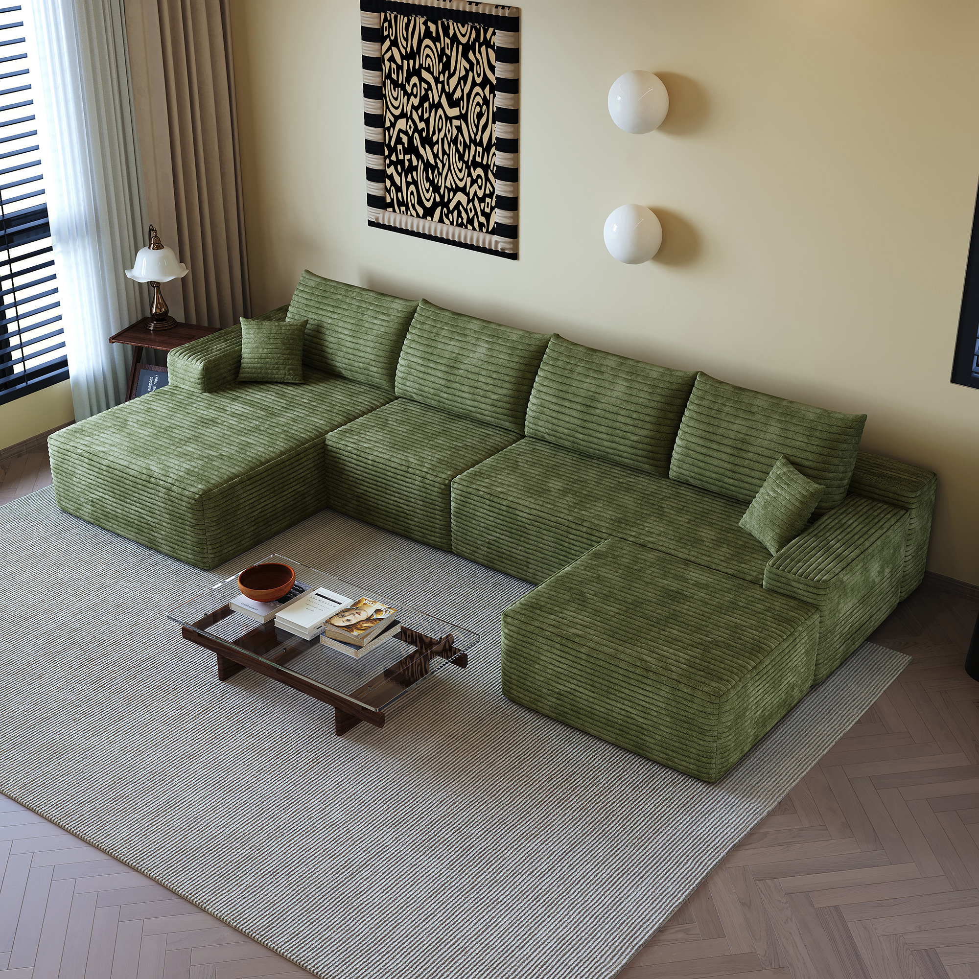 135" Cloud Sectional Sofa with 1 Ottoman,Modern Minimalist Upholstered Couches, Comfort U Shaped Sofa for Living Room,Deep Seat Corner Couch,No Assembly Required,Black (Plush Corduroy Fabric),Green - Image 5