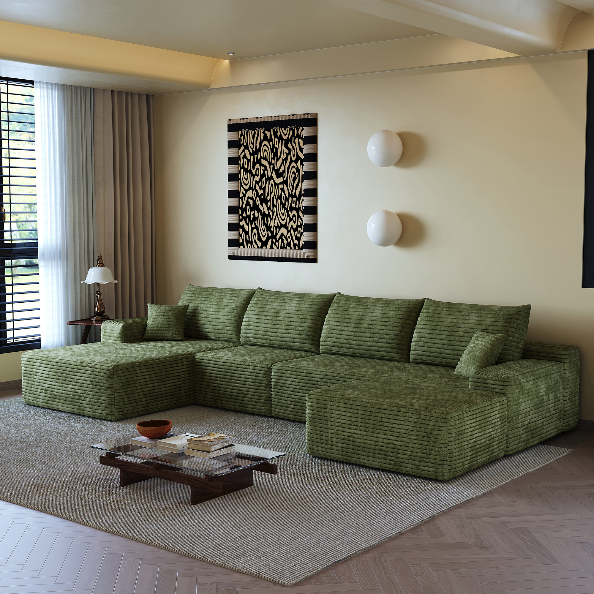 135" Cloud Sectional Sofa with 1 Ottoman,Modern Minimalist Upholstered Couches, Comfort U Shaped Sofa for Living Room,Deep Seat Corner Couch,No Assembly Required,Black (Plush Corduroy Fabric),Green - Image 6