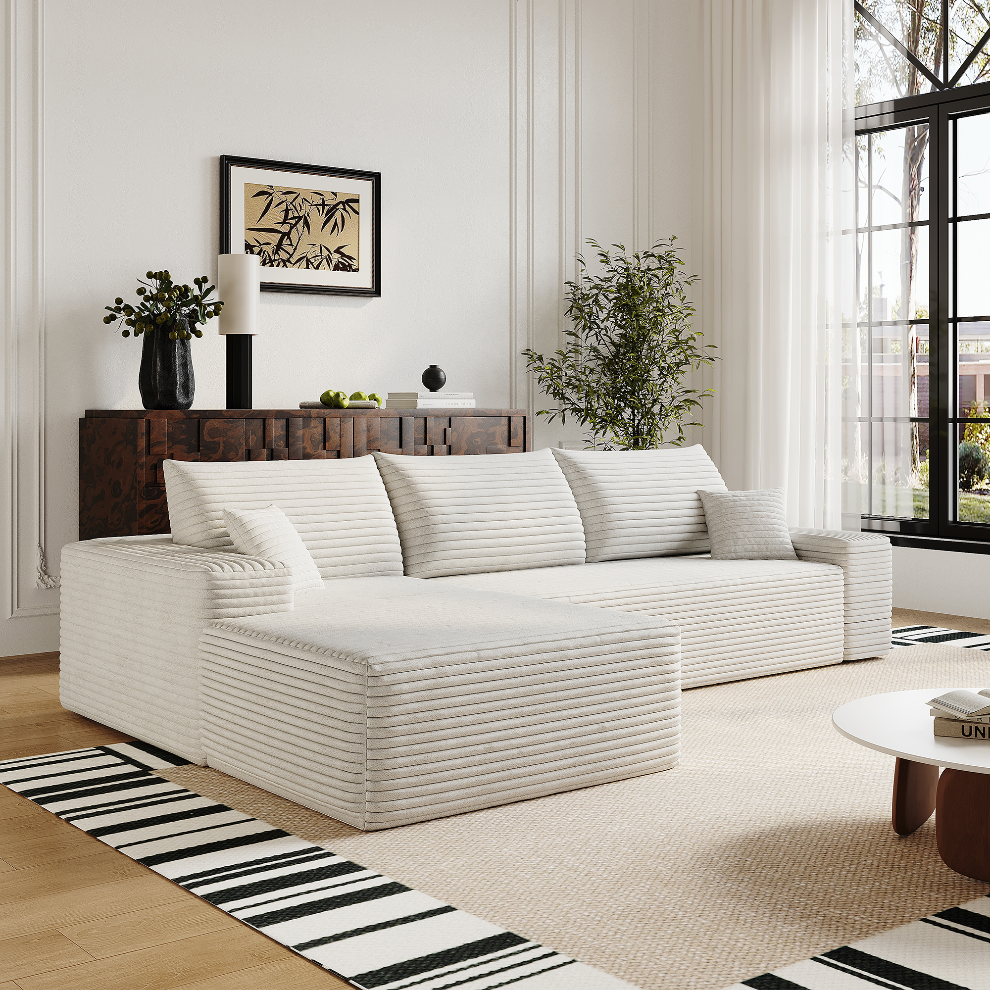 107" Cloud Sectional Couch with L-Shape Chaise,Modern Modular Sofa with Deep Seat, Upholstered Couches for Living Room Bedroom,No Assembly Required, (Plush Corduroy Fabric),White - Image 2