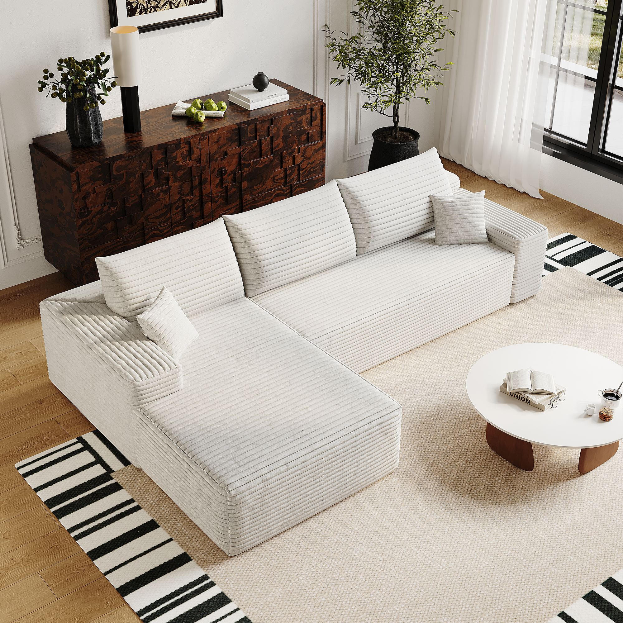 107" Cloud Sectional Couch with L-Shape Chaise,Modern Modular Sofa with Deep Seat, Upholstered Couches for Living Room Bedroom,No Assembly Required, (Plush Corduroy Fabric),White - Image 3