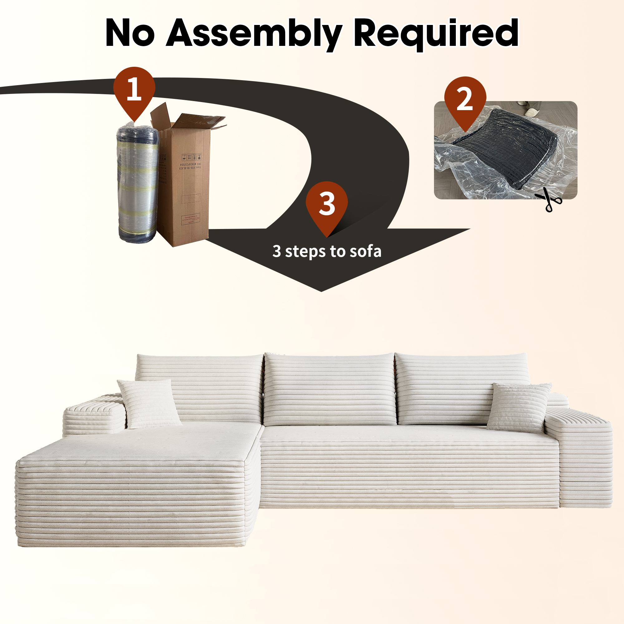 107" Cloud Sectional Couch with L-Shape Chaise,Modern Modular Sofa with Deep Seat, Upholstered Couches for Living Room Bedroom,No Assembly Required, (Plush Corduroy Fabric),White - Image 4