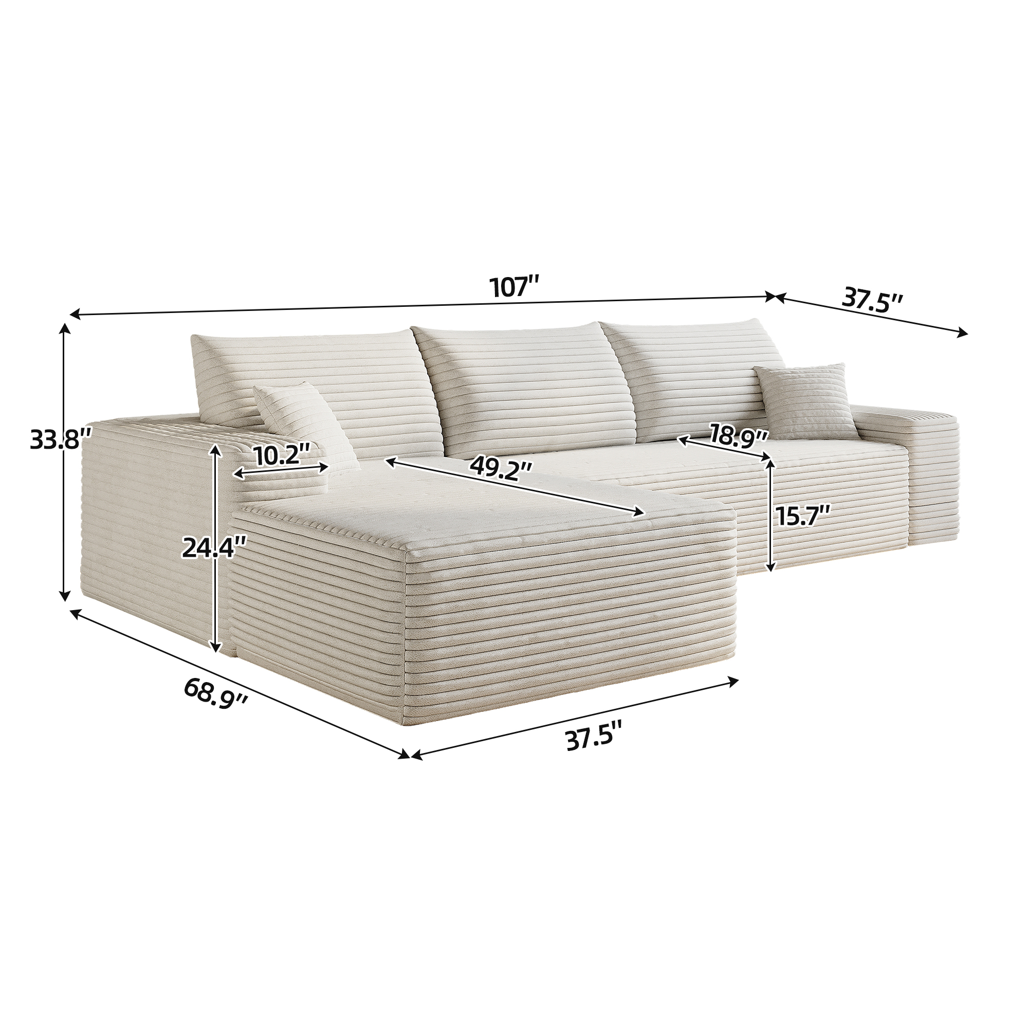 107" Cloud Sectional Couch with L-Shape Chaise,Modern Modular Sofa with Deep Seat, Upholstered Couches for Living Room Bedroom,No Assembly Required, (Plush Corduroy Fabric),White - Image 6