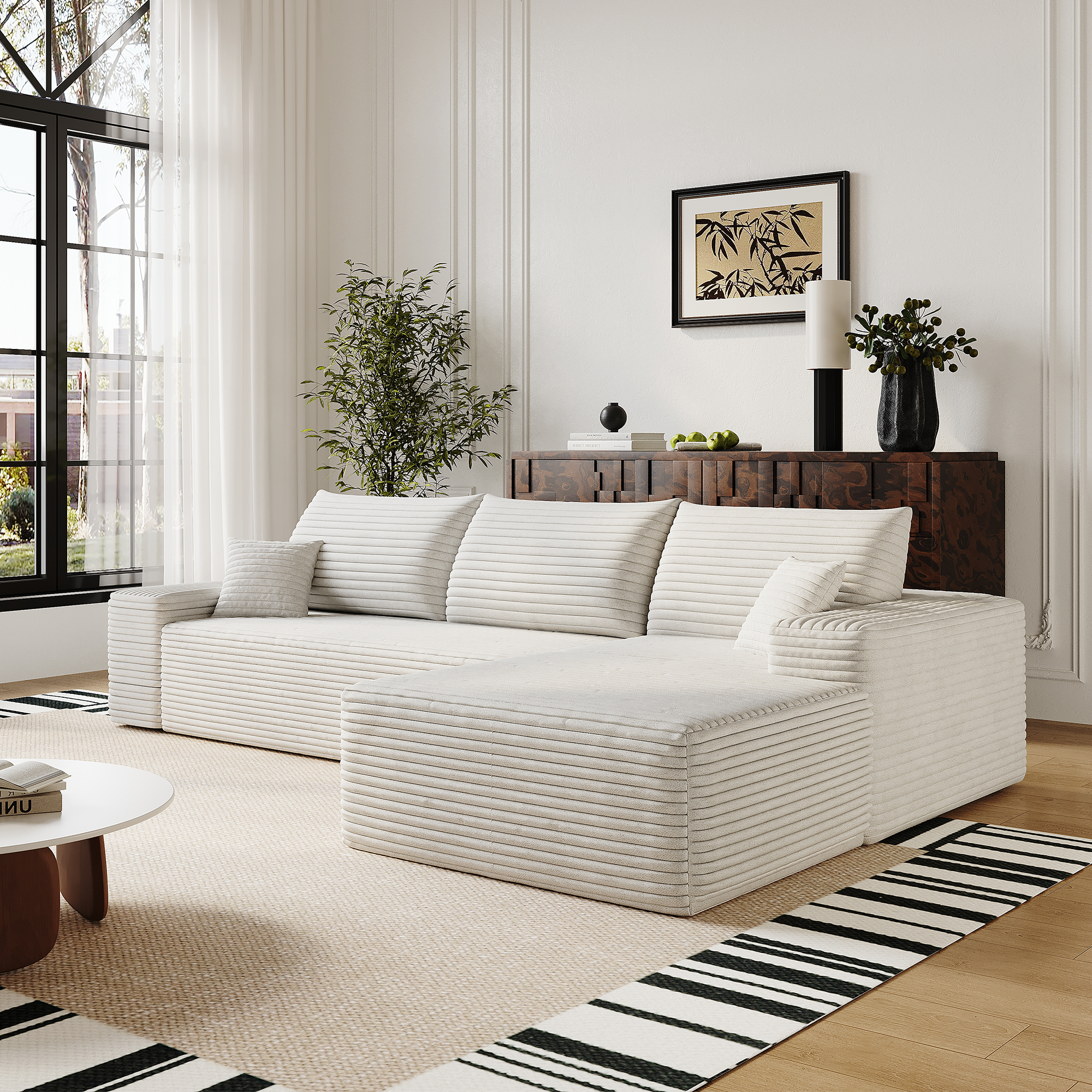 107" Cloud Sectional Couch with L-Shape Chaise,Modern Modular Sofa with Deep Seat, Upholstered Couches for Living Room Bedroom,No Assembly Required, (Plush Corduroy Fabric),White - Image 2