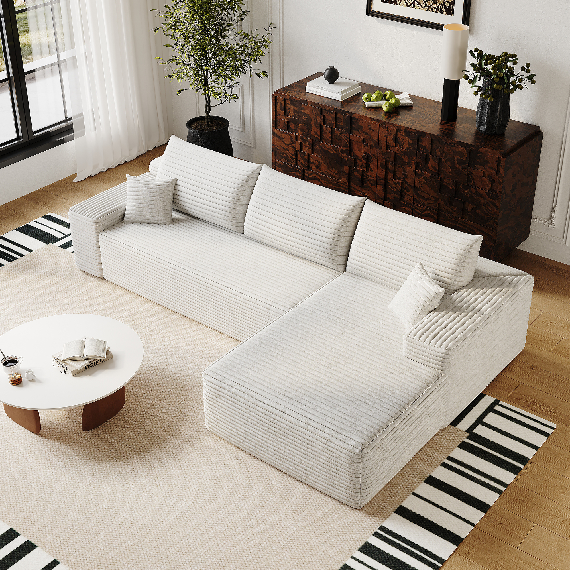 107" Cloud Sectional Couch with L-Shape Chaise,Modern Modular Sofa with Deep Seat, Upholstered Couches for Living Room Bedroom,No Assembly Required, (Plush Corduroy Fabric),White - Image 3