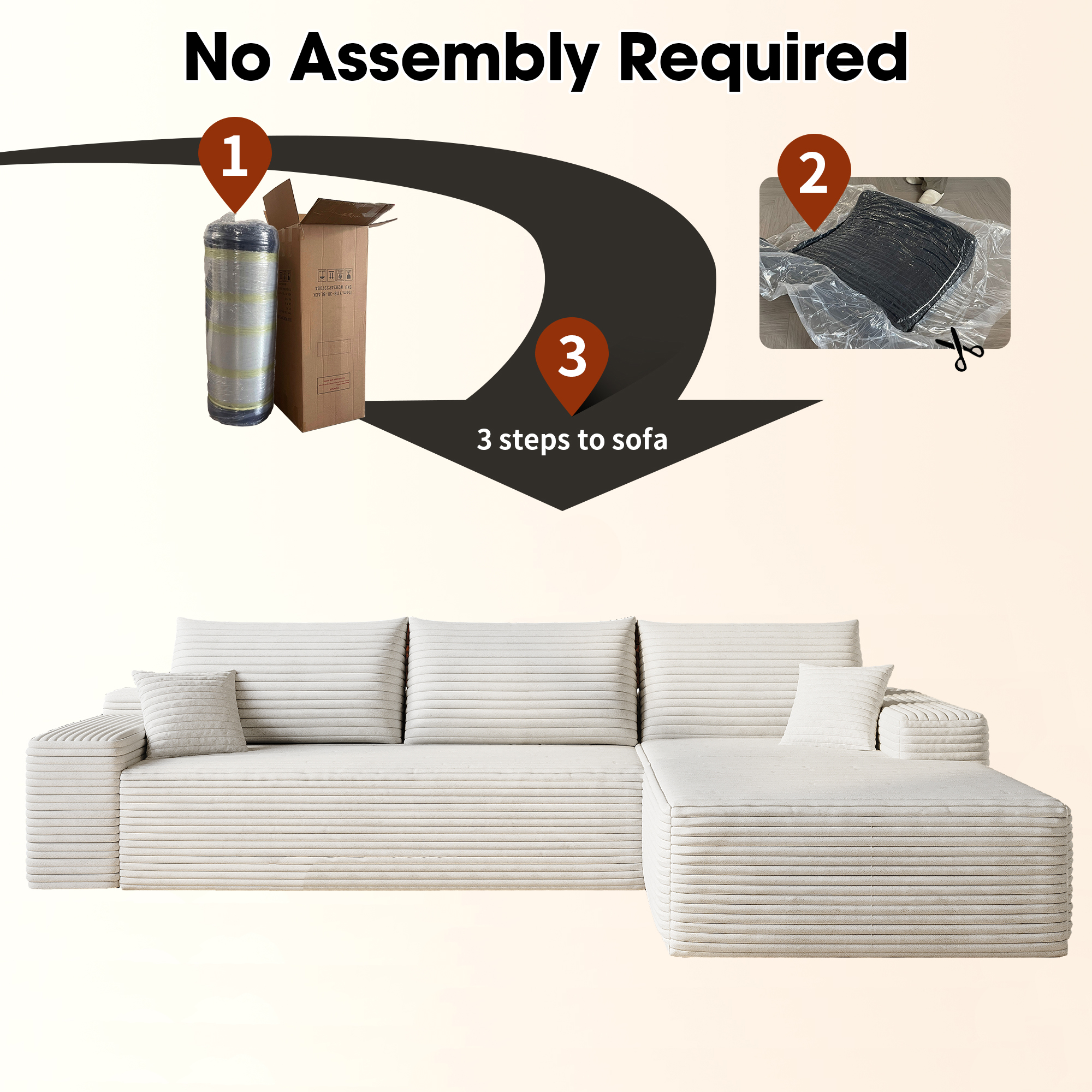 107" Cloud Sectional Couch with L-Shape Chaise,Modern Modular Sofa with Deep Seat, Upholstered Couches for Living Room Bedroom,No Assembly Required, (Plush Corduroy Fabric),White - Image 4