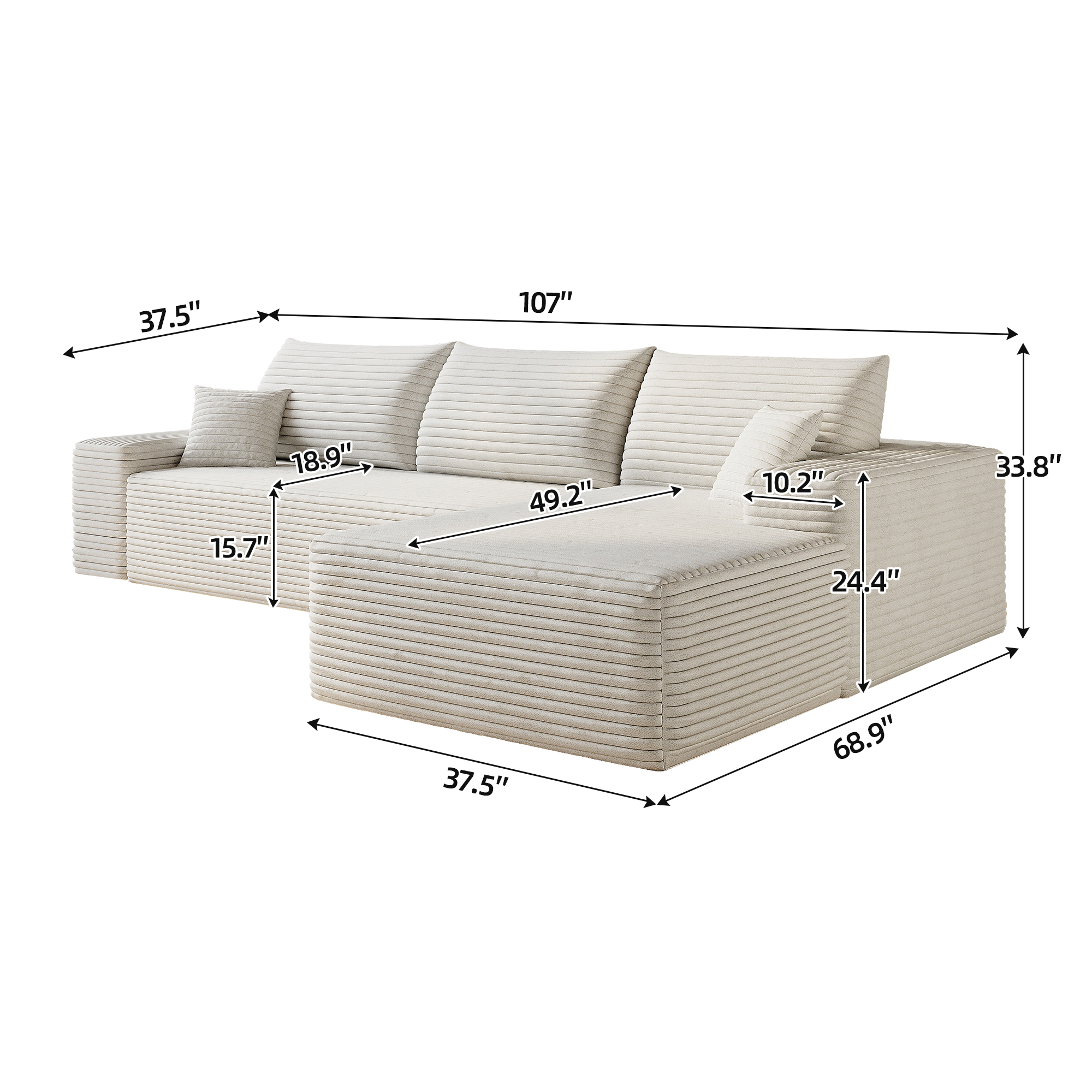 107" Cloud Sectional Couch with L-Shape Chaise,Modern Modular Sofa with Deep Seat, Upholstered Couches for Living Room Bedroom,No Assembly Required, (Plush Corduroy Fabric),White - Image 6