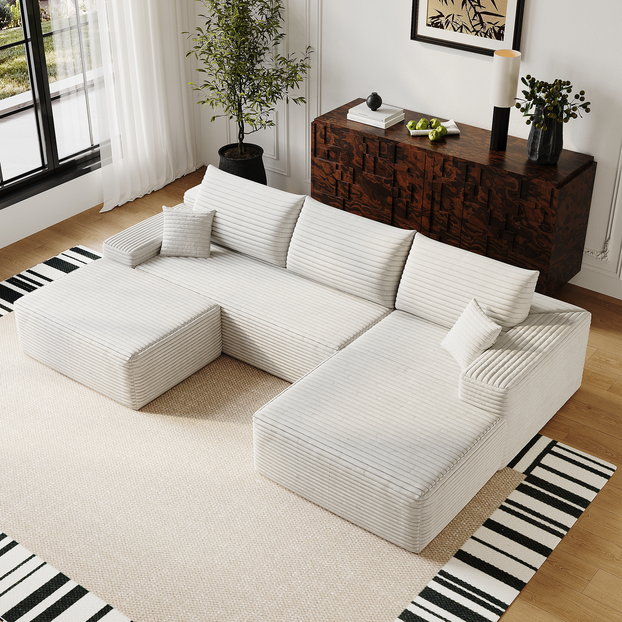 107" Cloud Sectional Sofa with 1 Ottoman,Modern Minimalist Upholstered Couches, Comfort U Shaped Sofa for Living Room,Deep Seat Corner Couch,No Assembly Required (Plush Corduroy Fabric),White - Image 2