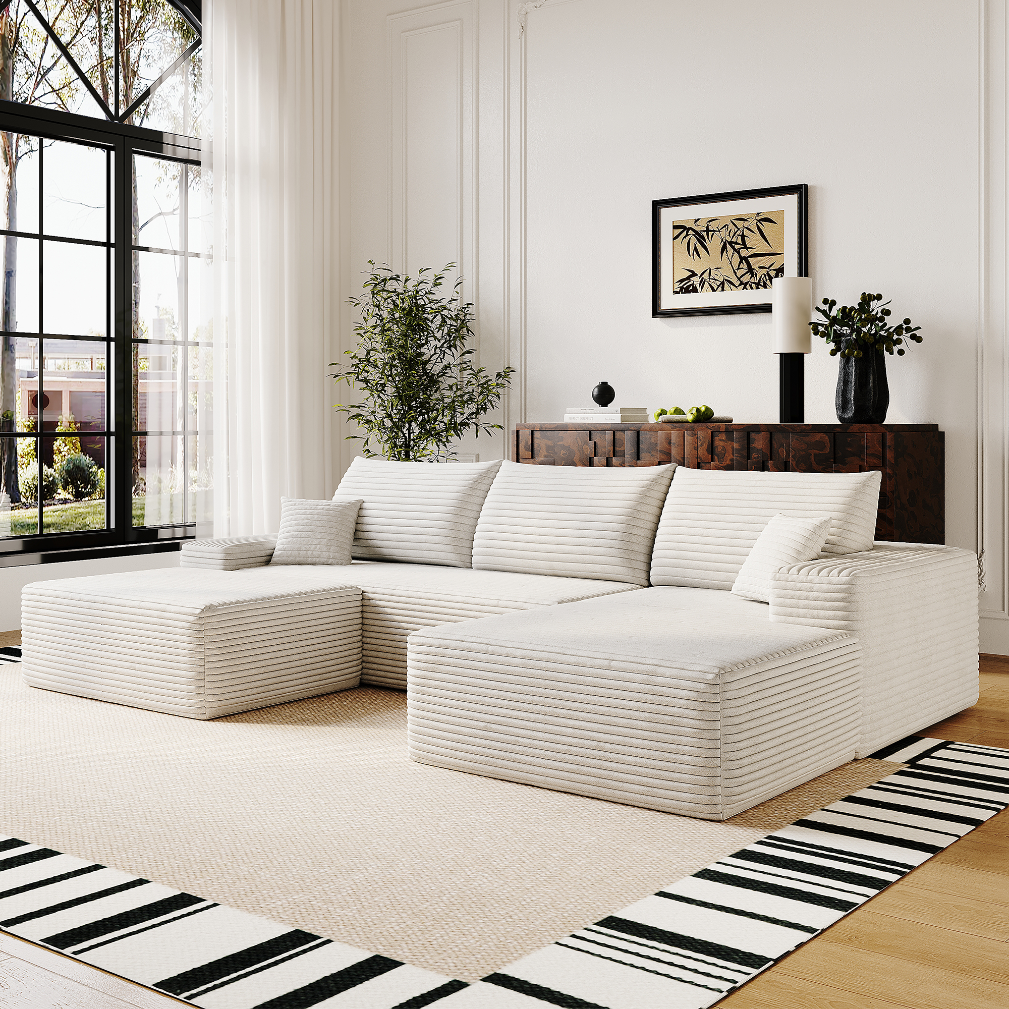 107" Cloud Sectional Sofa with 1 Ottoman,Modern Minimalist Upholstered Couches, Comfort U Shaped Sofa for Living Room,Deep Seat Corner Couch,No Assembly Required (Plush Corduroy Fabric),White - Image 3