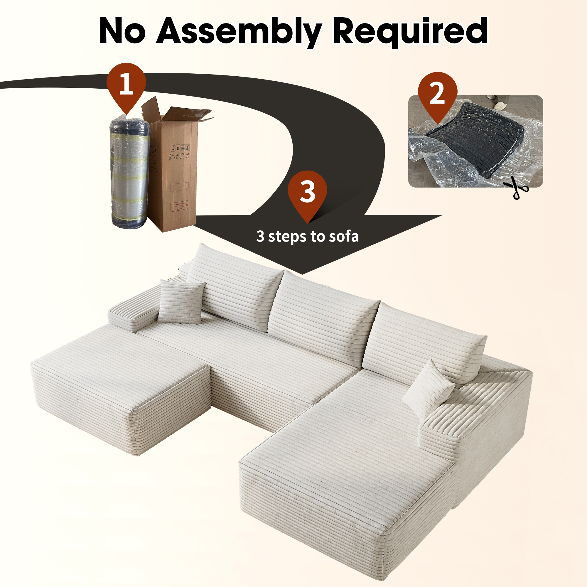 107" Cloud Sectional Sofa with 1 Ottoman,Modern Minimalist Upholstered Couches, Comfort U Shaped Sofa for Living Room,Deep Seat Corner Couch,No Assembly Required (Plush Corduroy Fabric),White - Image 4