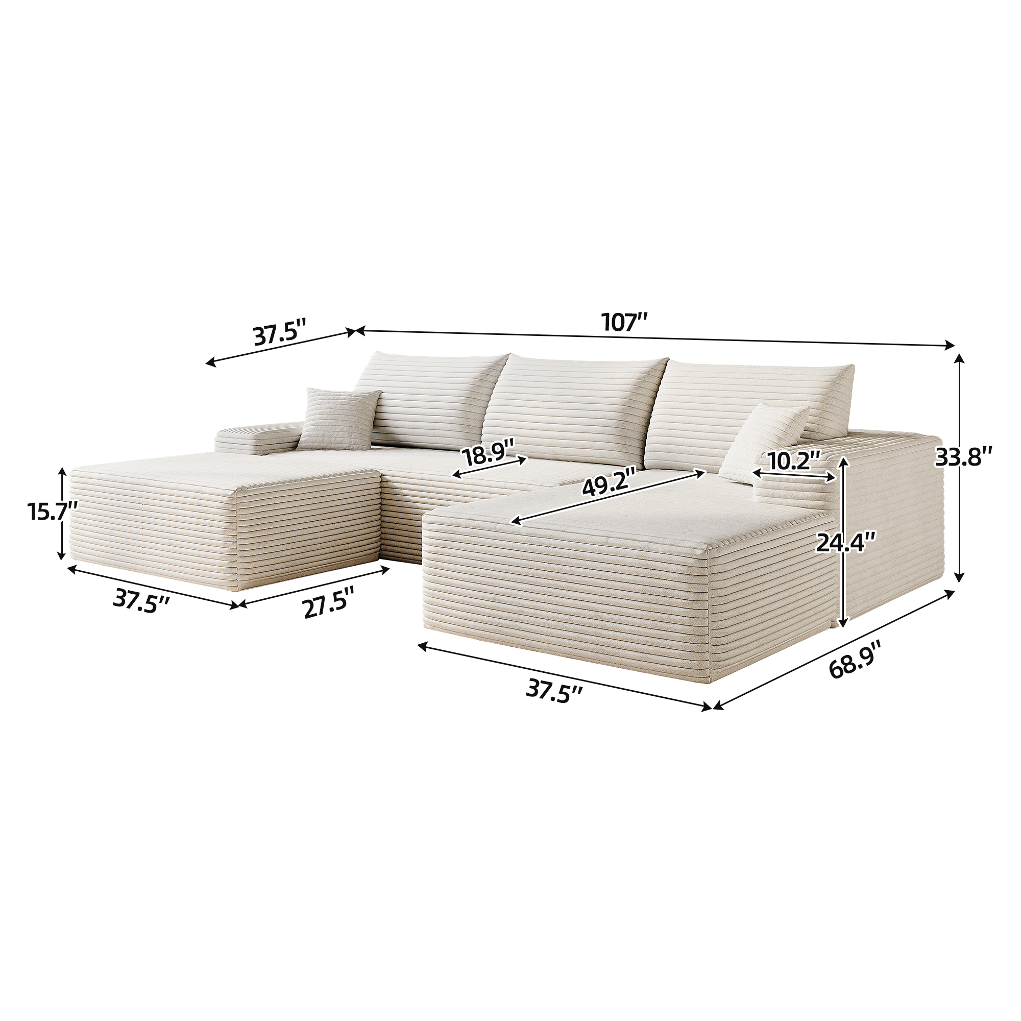 107" Cloud Sectional Sofa with 1 Ottoman,Modern Minimalist Upholstered Couches, Comfort U Shaped Sofa for Living Room,Deep Seat Corner Couch,No Assembly Required (Plush Corduroy Fabric),White - Image 6