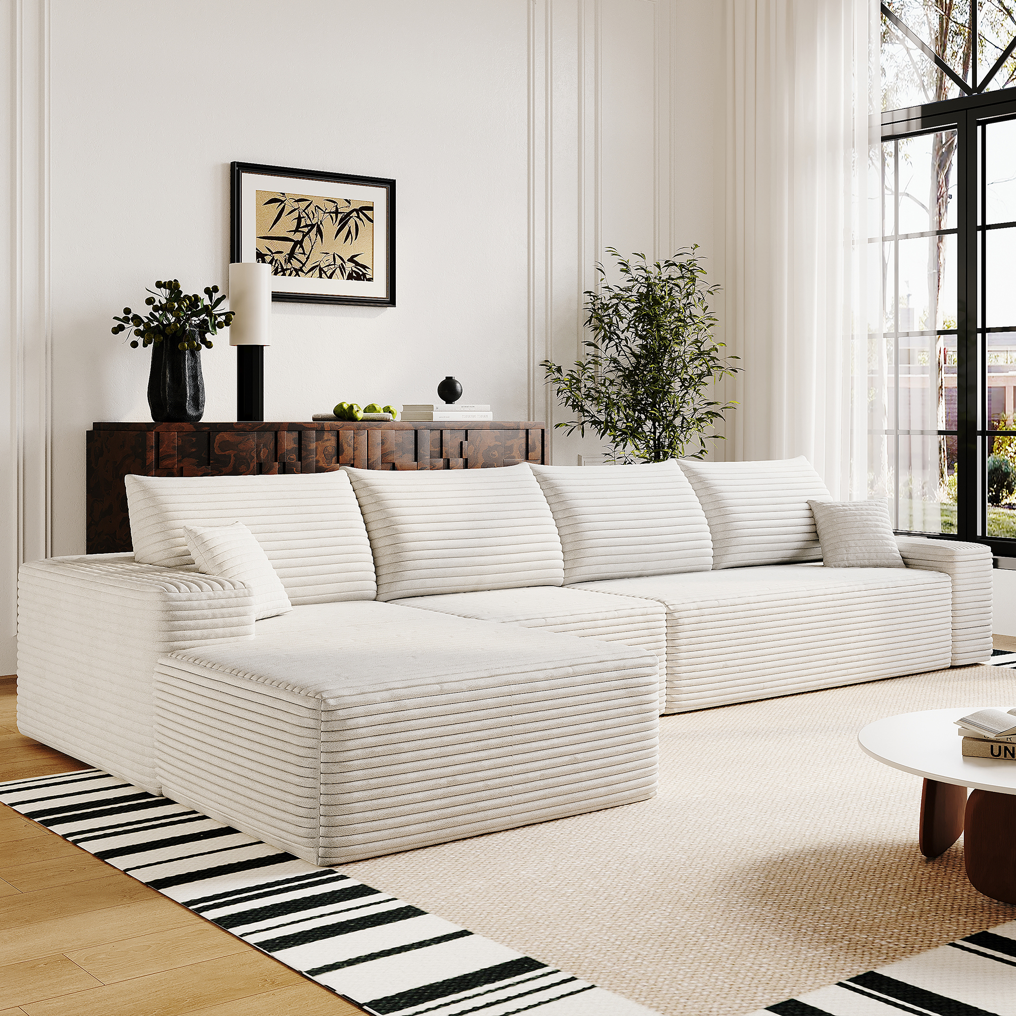 135" Cloud Sectional Couch with L-Shape Chaise,Modern Modular Sofa with Deep Seat, Upholstered Couches for Living Room Bedroom,No Assembly Required, (Plush Corduroy Fabric),White - Image 2