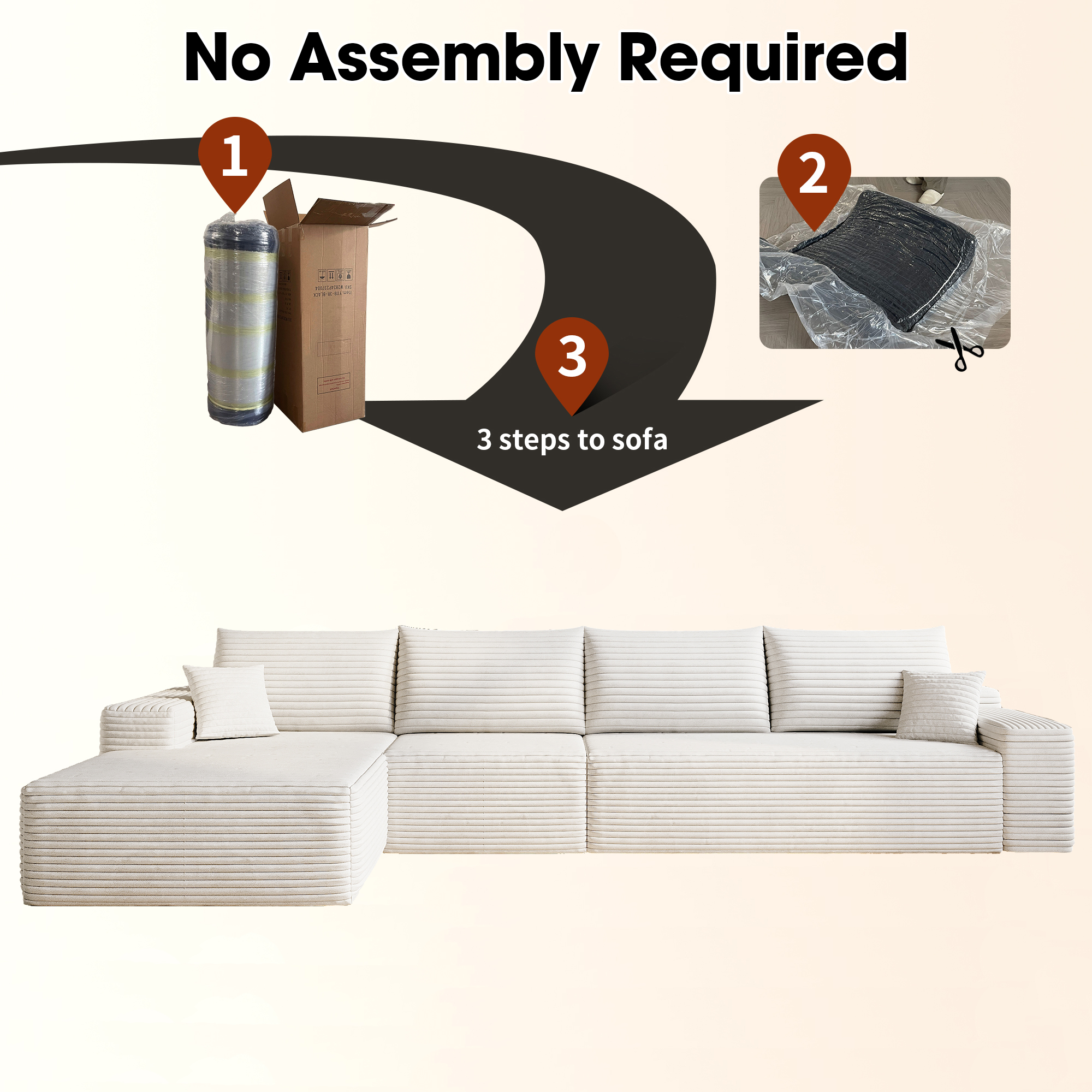 135" Cloud Sectional Couch with L-Shape Chaise,Modern Modular Sofa with Deep Seat, Upholstered Couches for Living Room Bedroom,No Assembly Required, (Plush Corduroy Fabric),White - Image 4