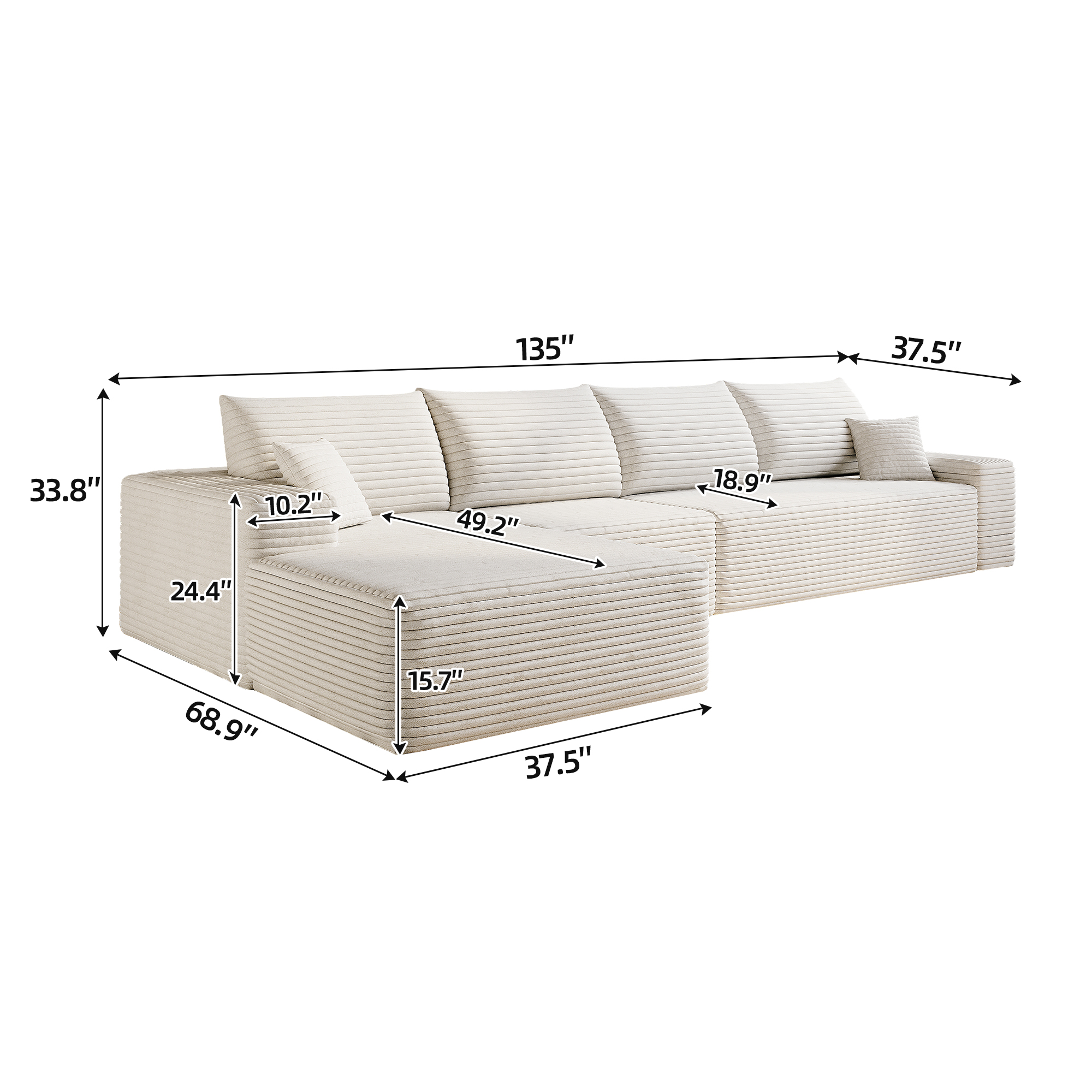 135" Cloud Sectional Couch with L-Shape Chaise,Modern Modular Sofa with Deep Seat, Upholstered Couches for Living Room Bedroom,No Assembly Required, (Plush Corduroy Fabric),White - Image 6