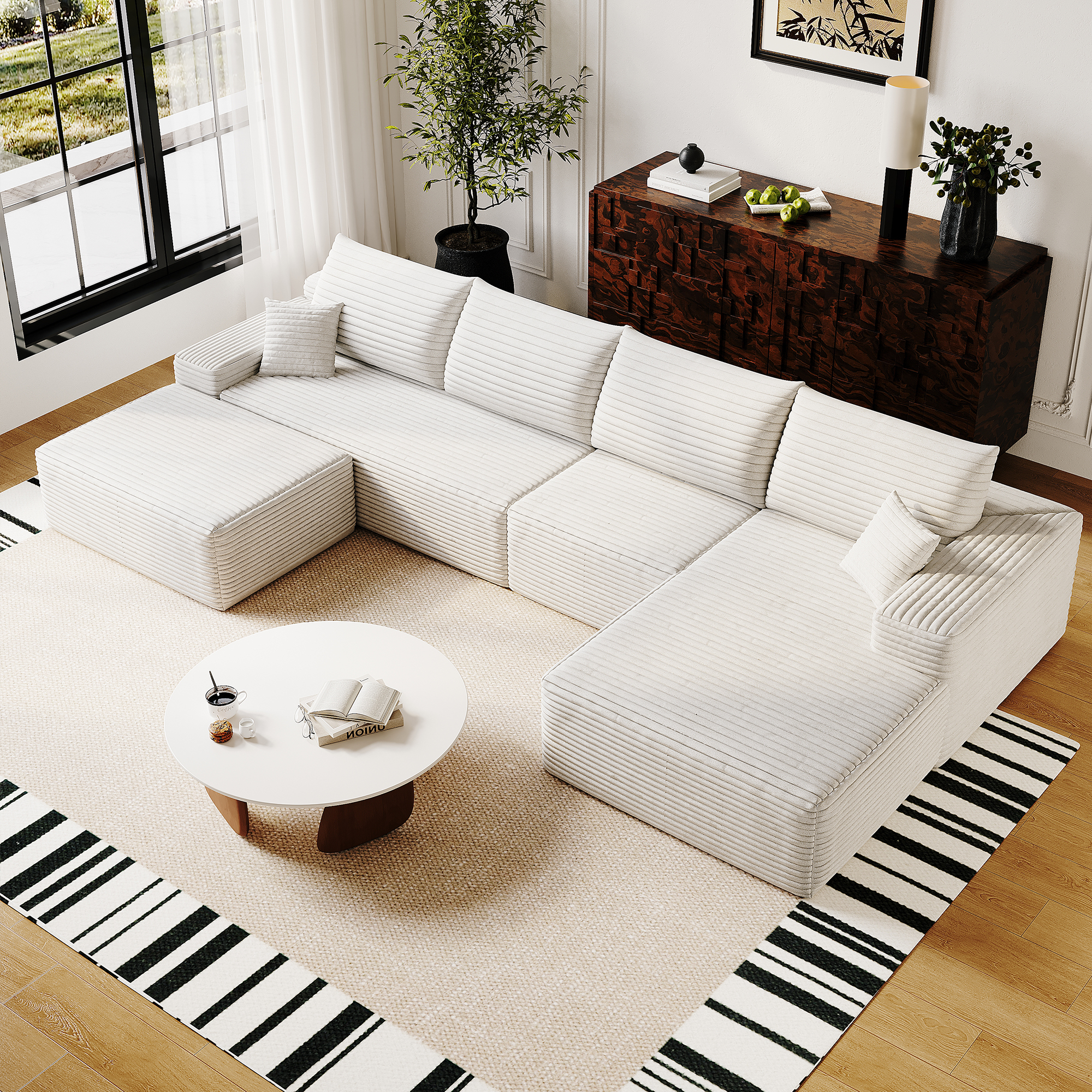 135" Cloud Sectional Sofa with 1 Ottoman,Modern Minimalist Upholstered Couches, Comfort U Shaped Sofa for Living Room,Deep Seat Corner Couch,No Assembly Required (Plush Corduroy Fabric),White - Image 2