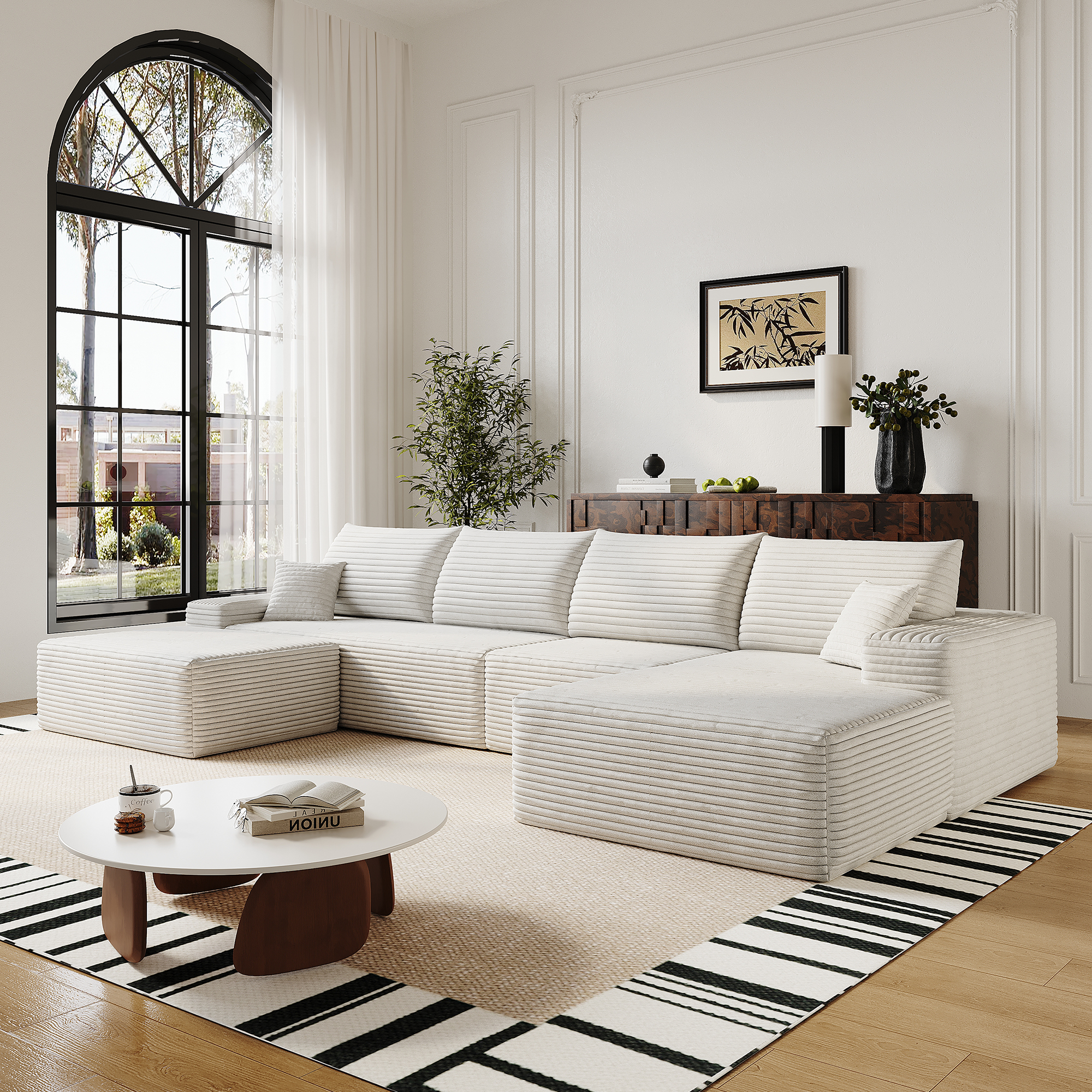 135" Cloud Sectional Sofa with 1 Ottoman,Modern Minimalist Upholstered Couches, Comfort U Shaped Sofa for Living Room,Deep Seat Corner Couch,No Assembly Required (Plush Corduroy Fabric),White - Image 3