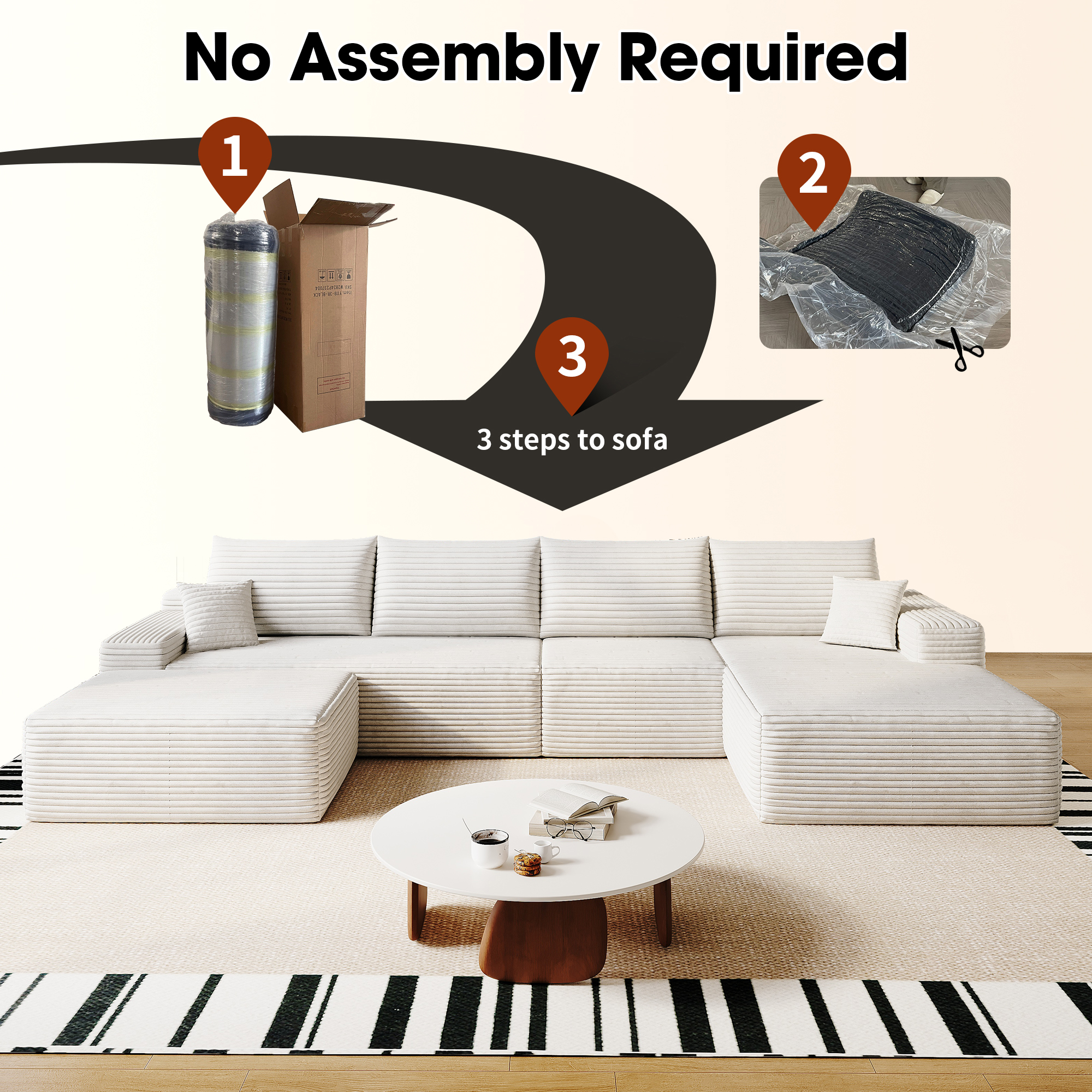 135" Cloud Sectional Sofa with 1 Ottoman,Modern Minimalist Upholstered Couches, Comfort U Shaped Sofa for Living Room,Deep Seat Corner Couch,No Assembly Required (Plush Corduroy Fabric),White - Image 4